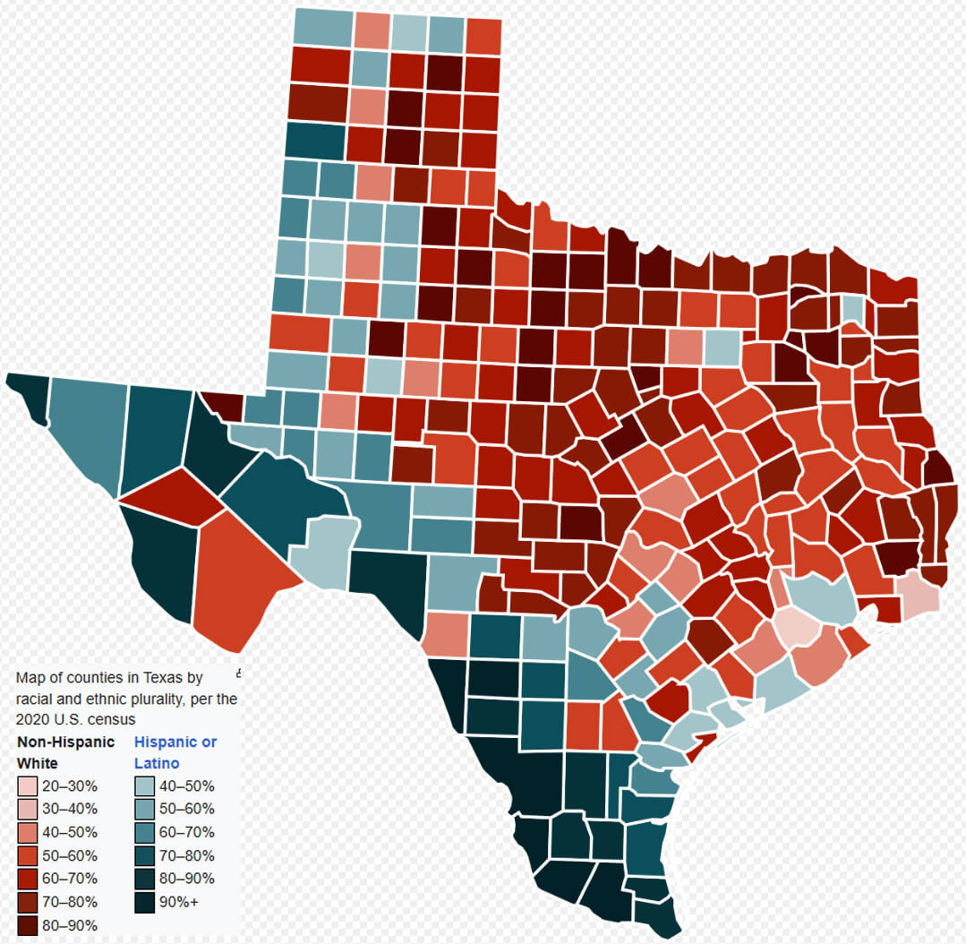 Map of counties in Texas by racial and ethnic plurality