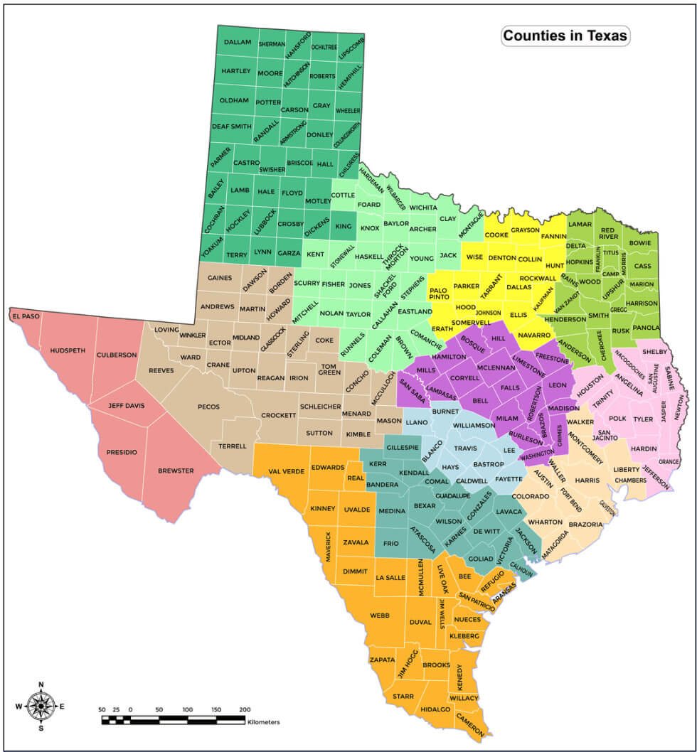 Map of county with Texas cities