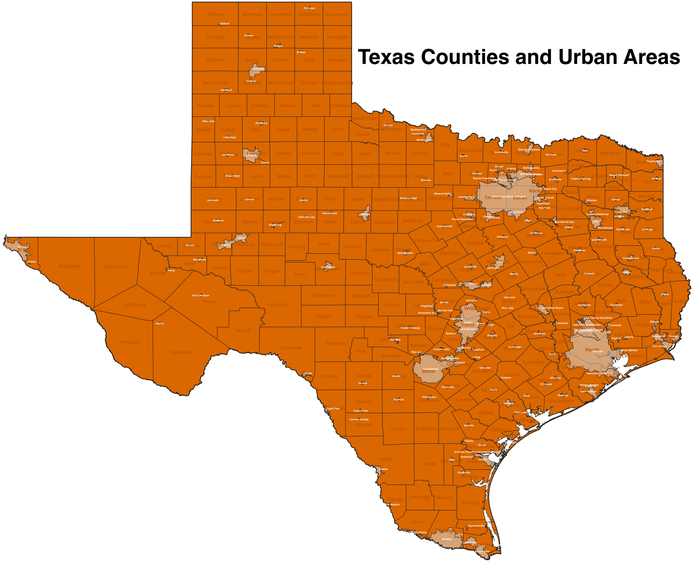 Texas counties and urban areas map