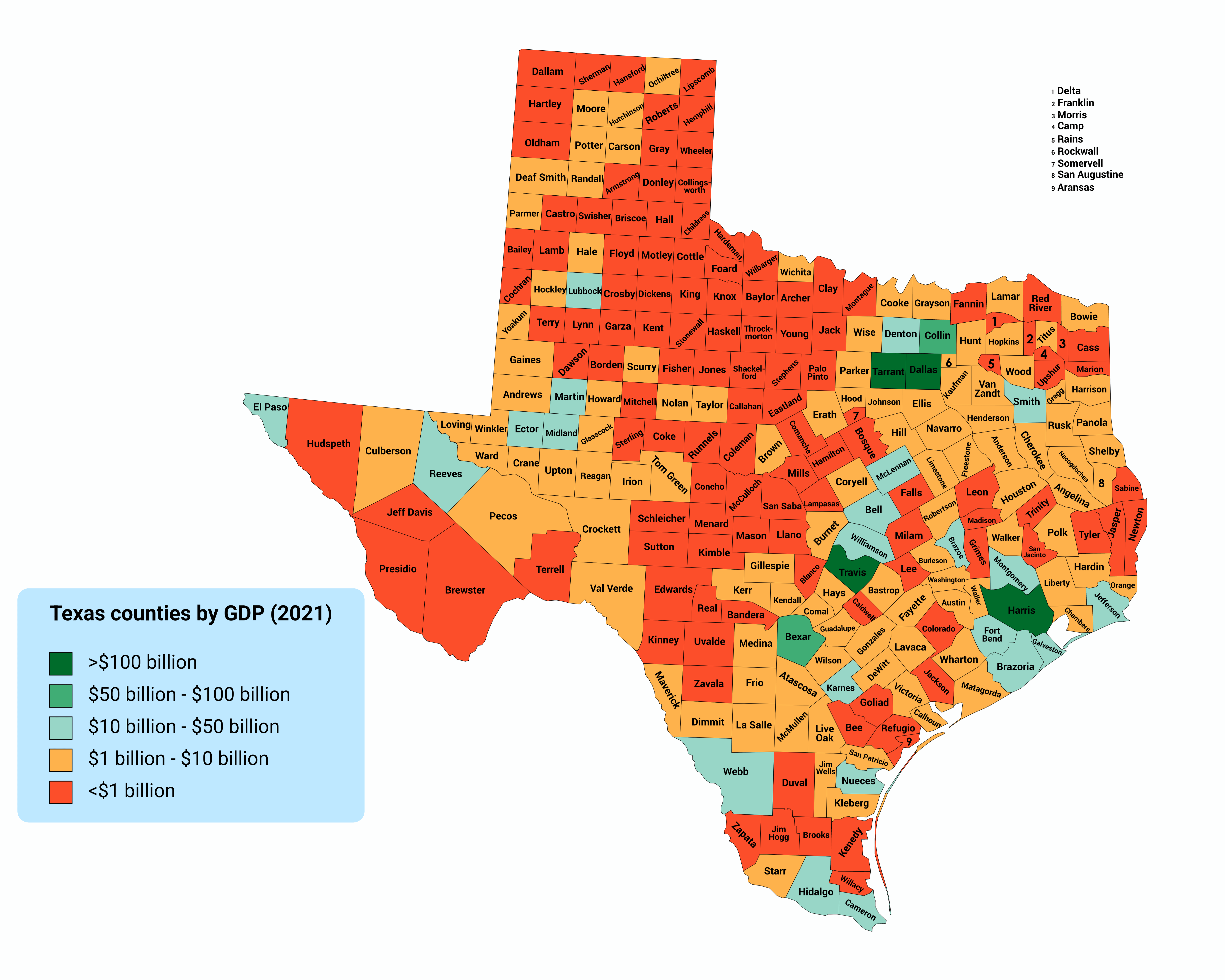Texas counties map by GDP