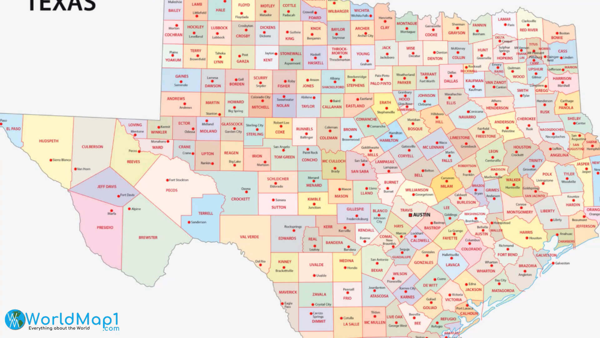 Texas counties map in the US