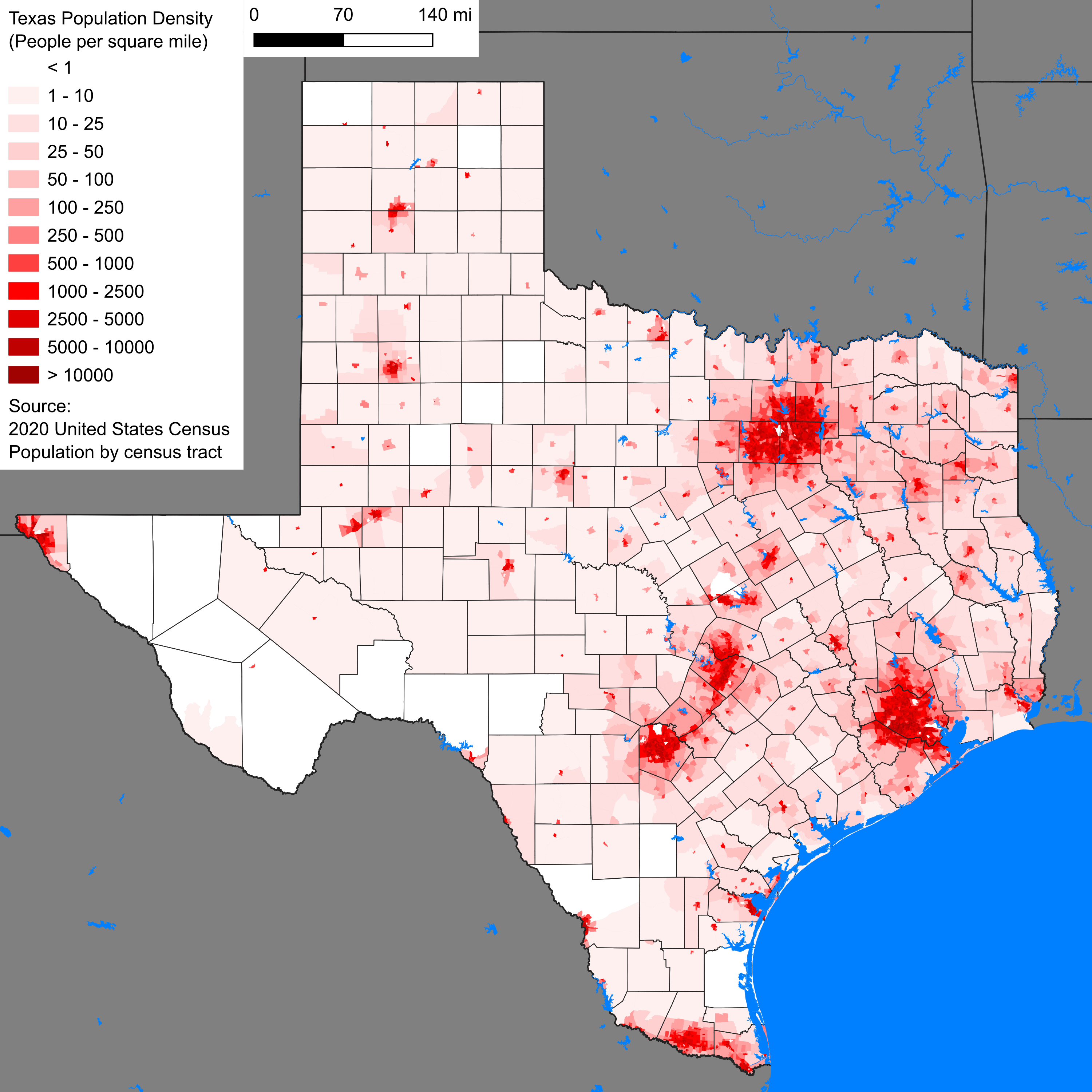 Texas counties population density map