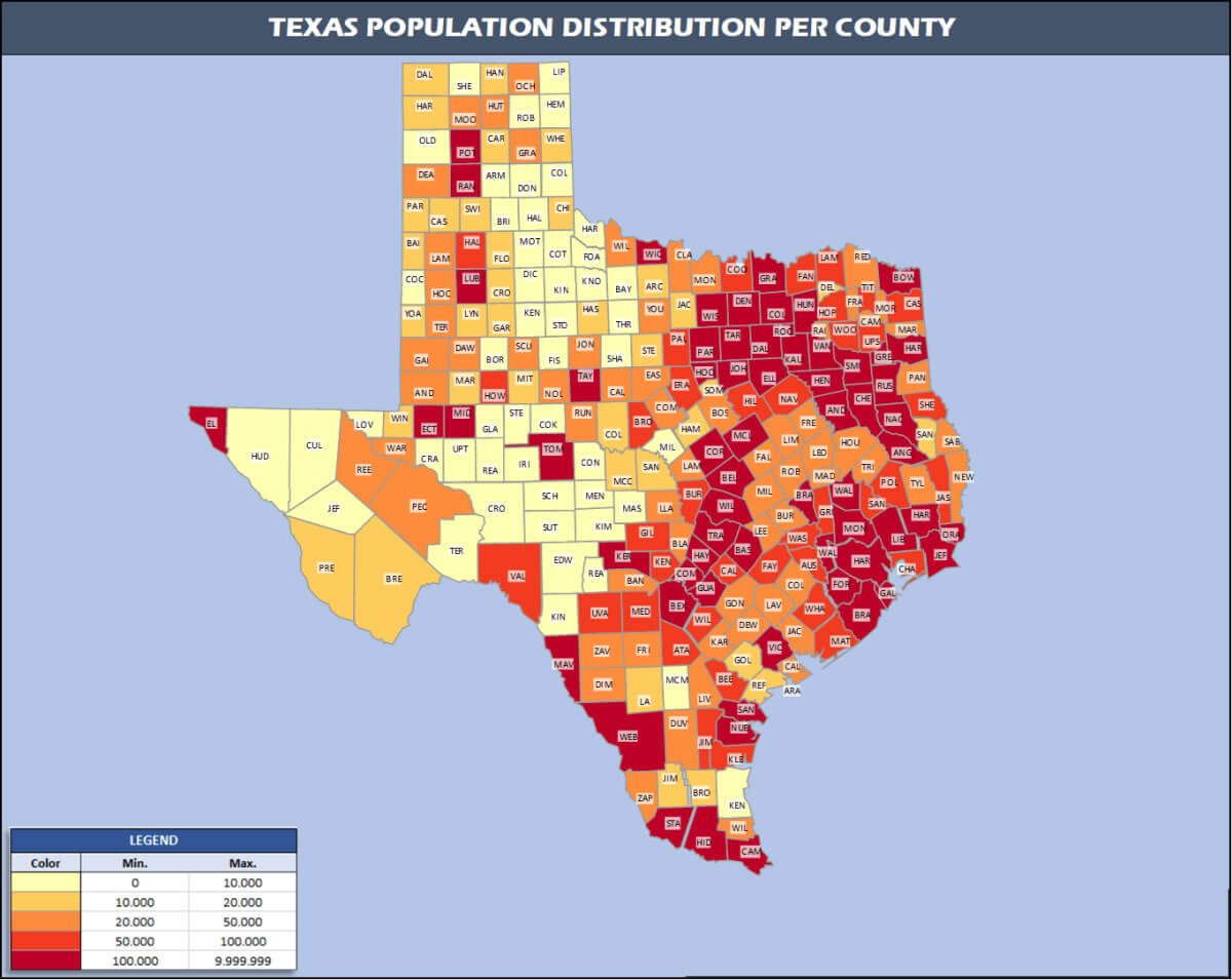 Texas counties population map