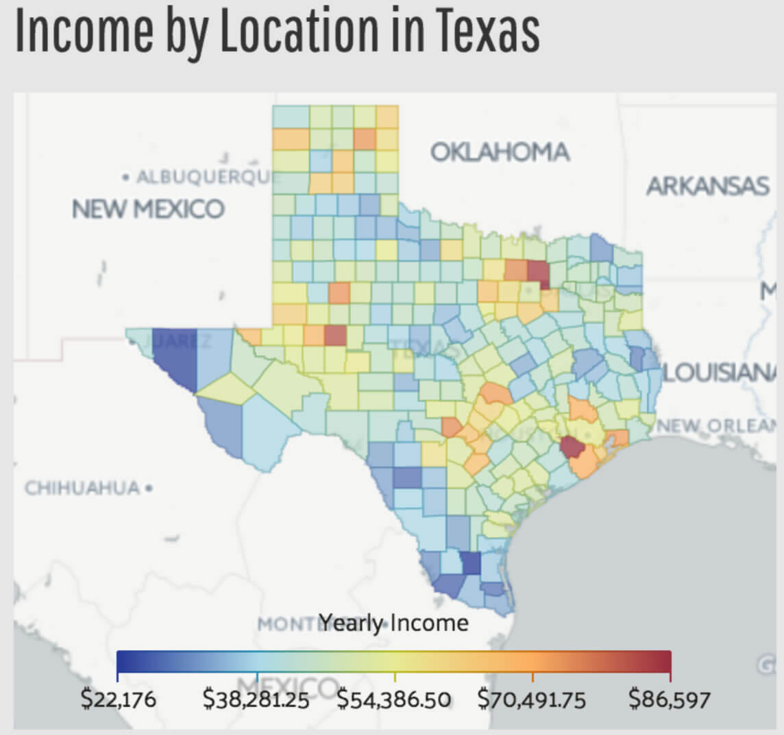 Texas county income map by locations