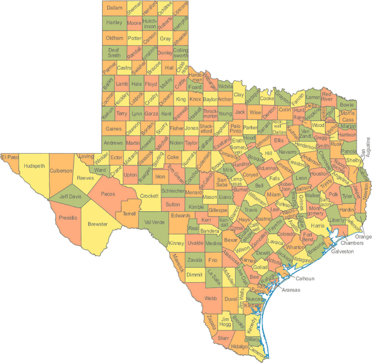 Texas county map in the US
