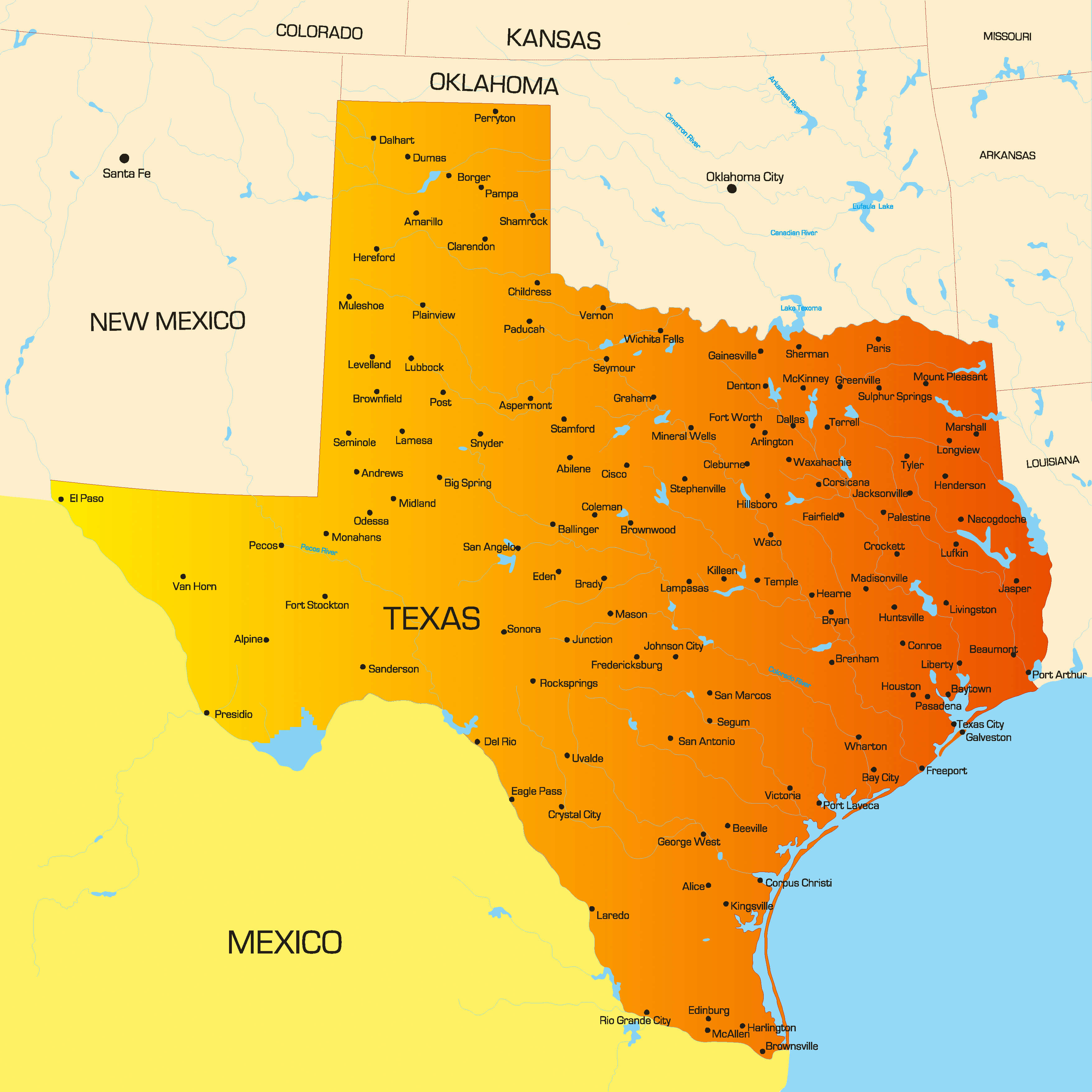 Texas county map with cities
