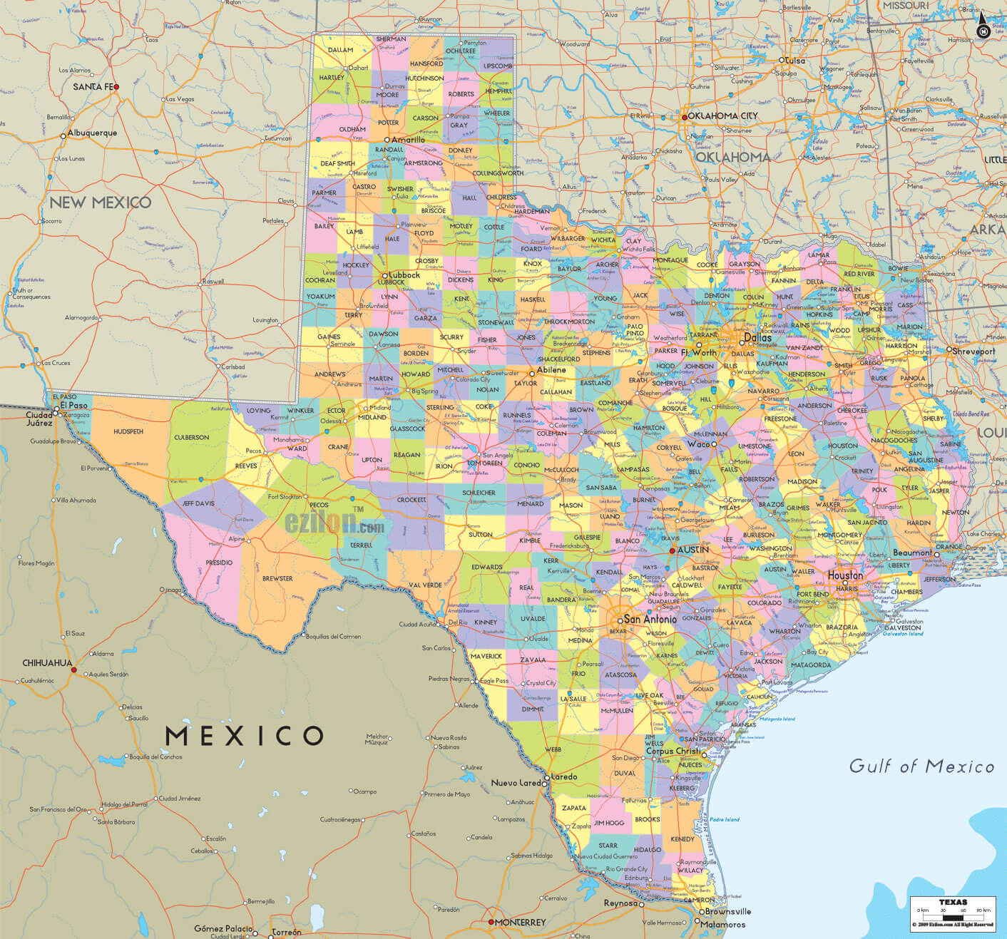 Texas county map with Mexico and New Mexico border