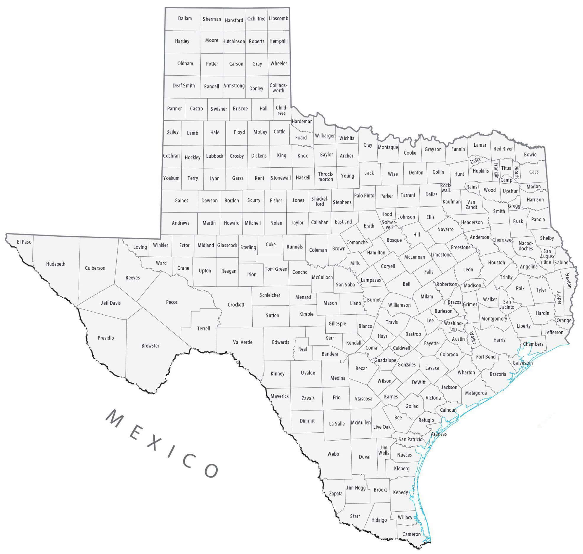 Texas outlined map with counties