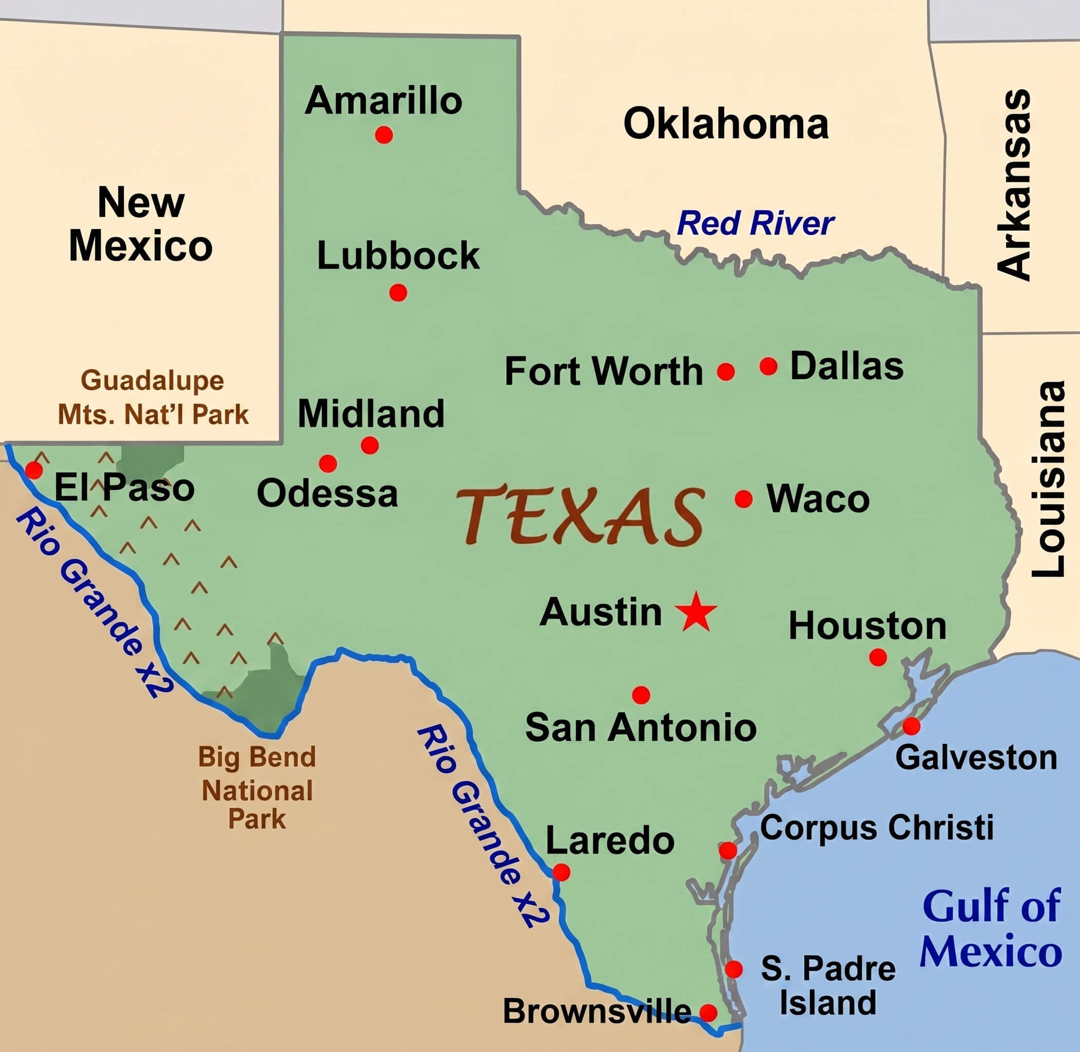 Texas cities map major urban areas labeled