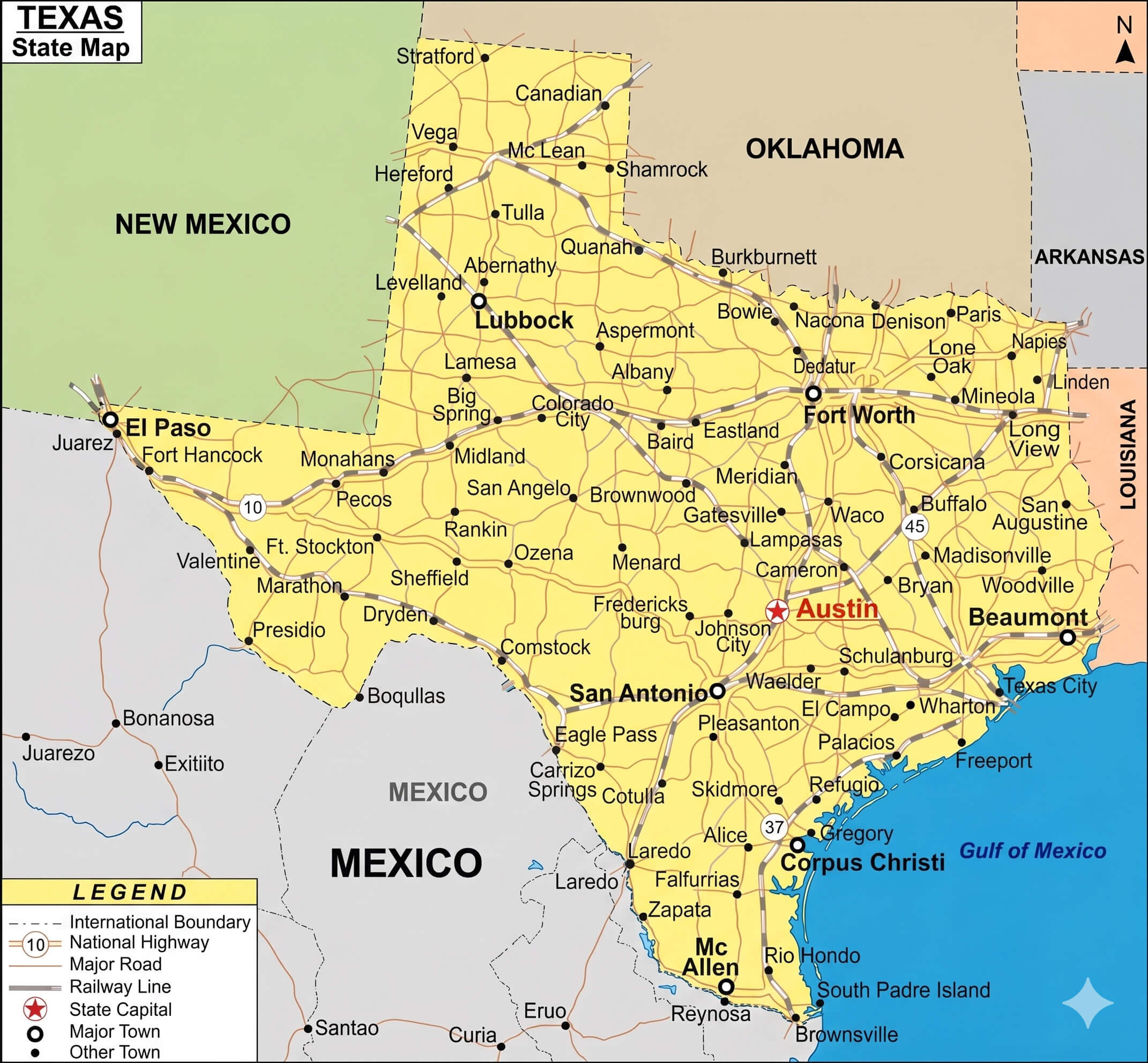 Texas county map with city labels detailed