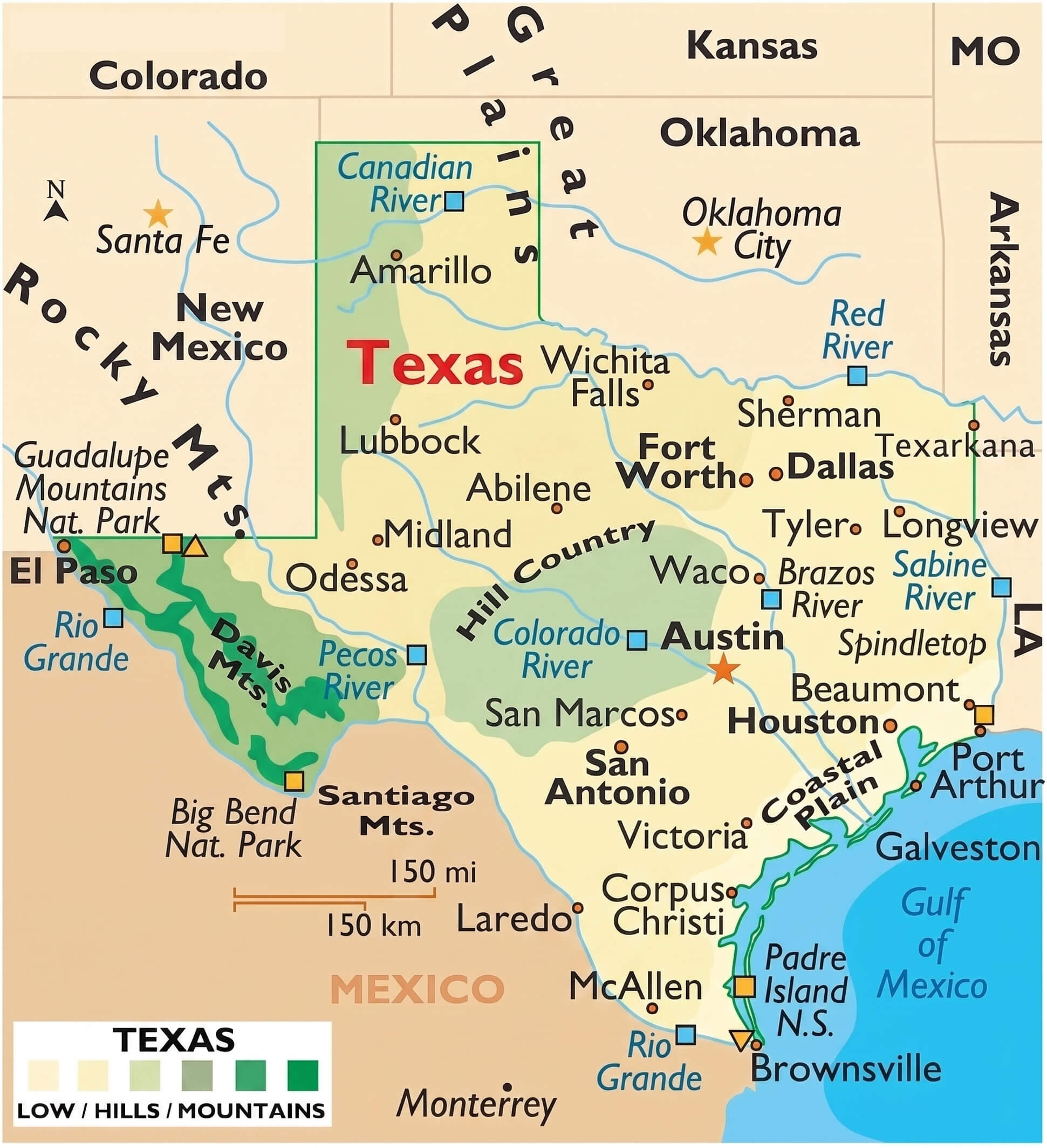 Texas geographic map rivers cities and regions