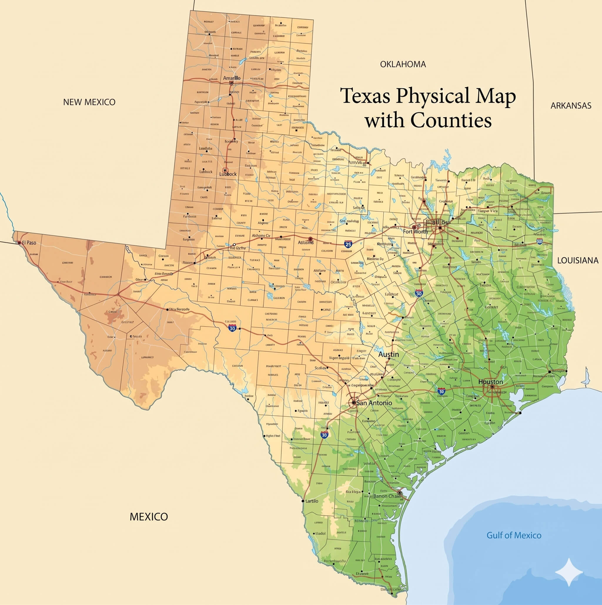 Texas physical map with counties and elevation