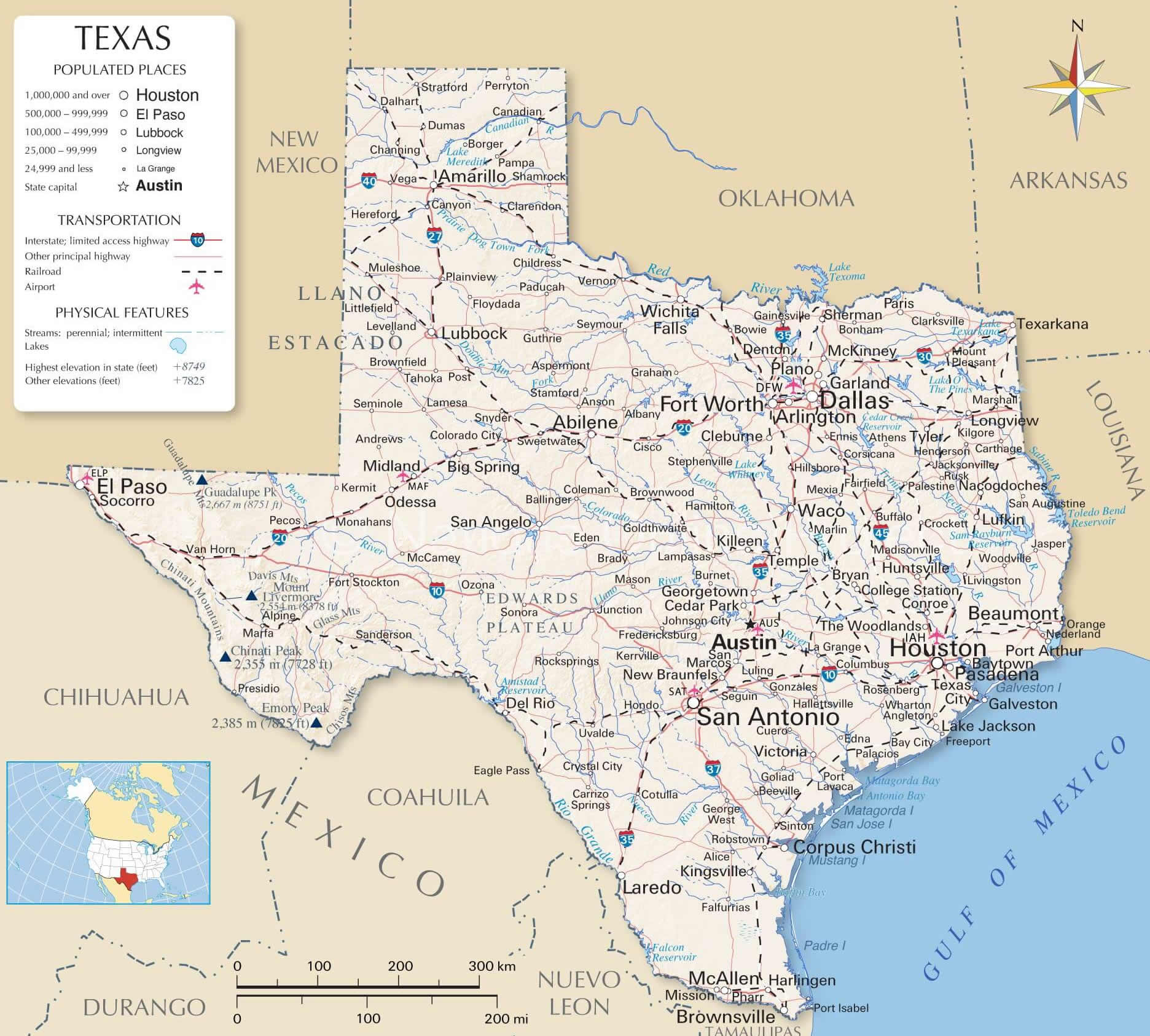 Texas population map cities and density distribution