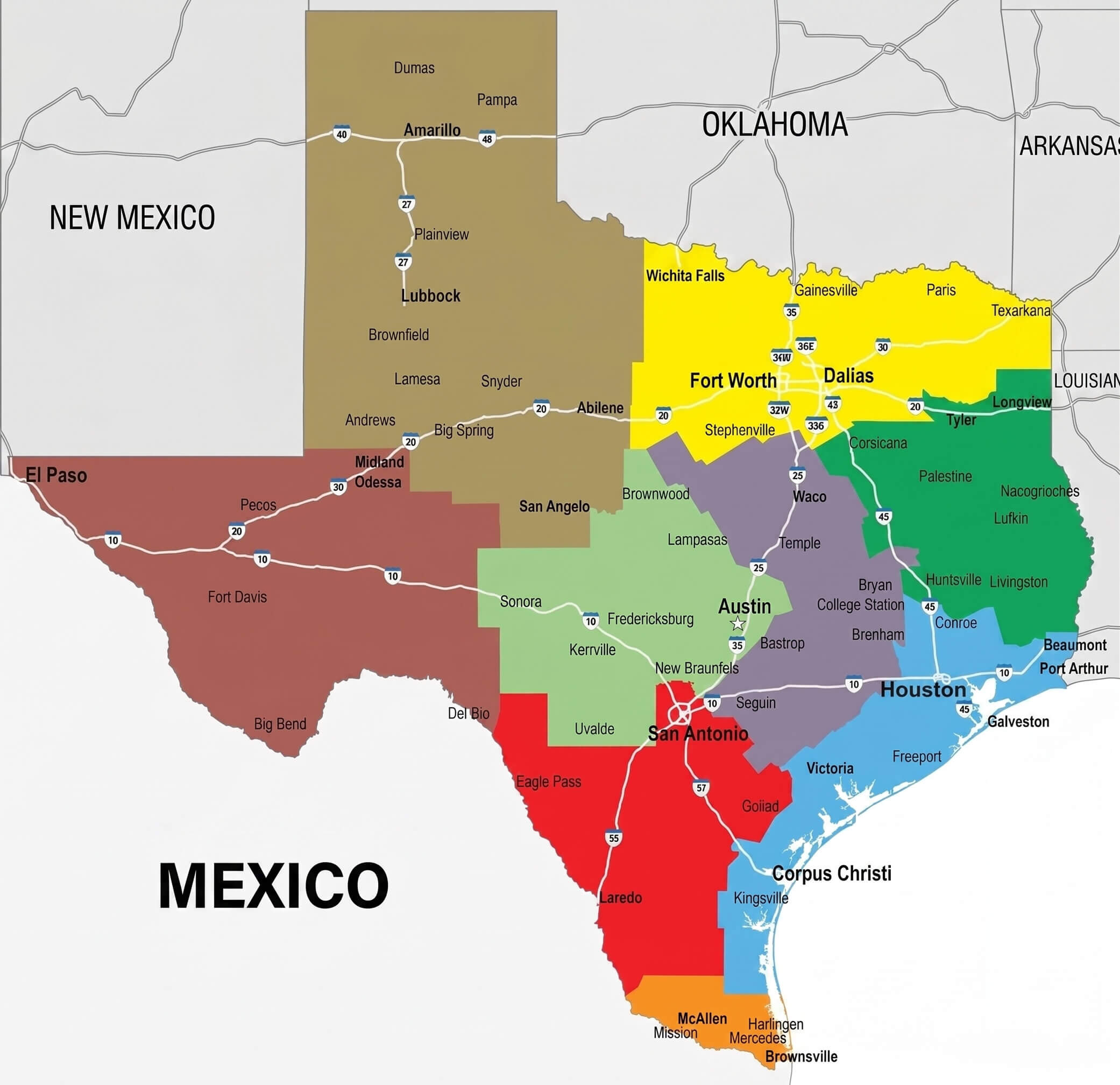 Texas regional map color coded areas and borders
