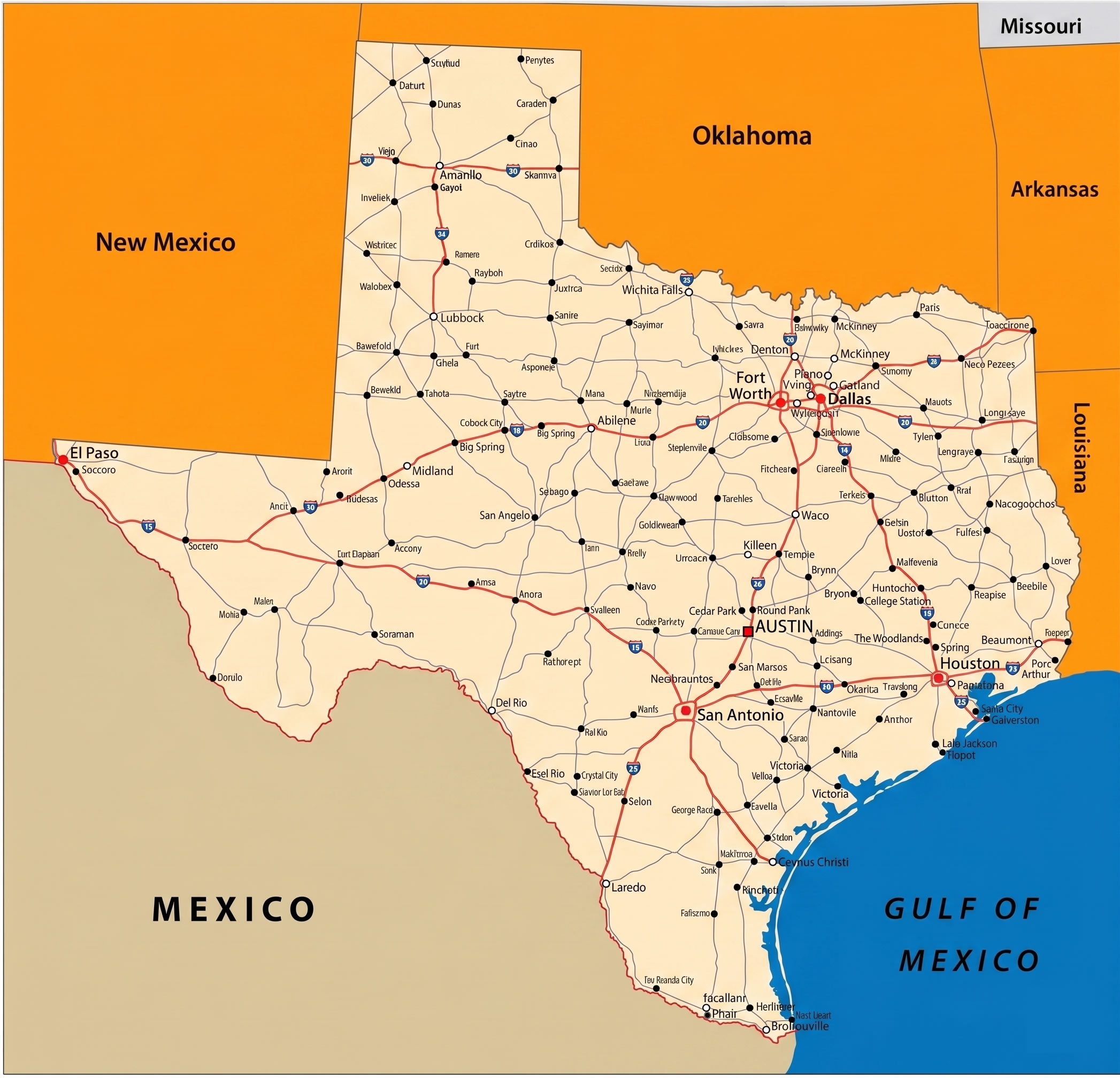Texas road map with highways and cities