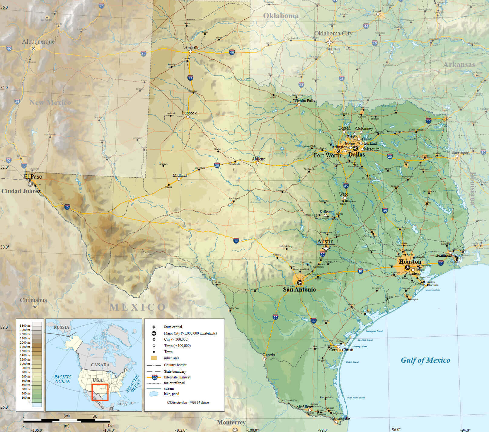 Texas topographic map with cities and elevation