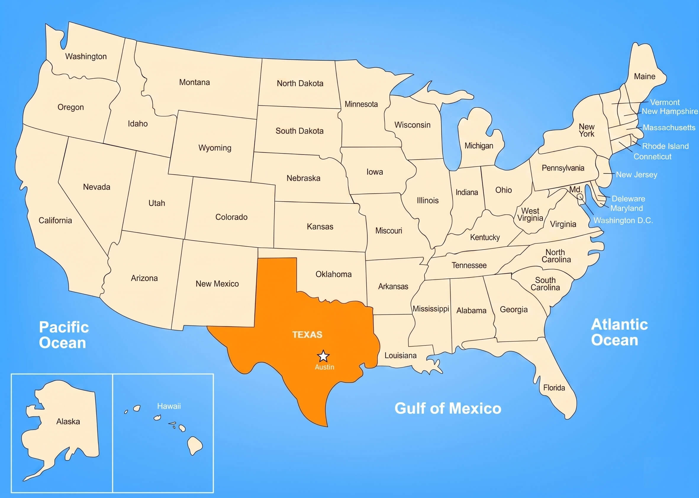 Texas US location map highlighted in united states