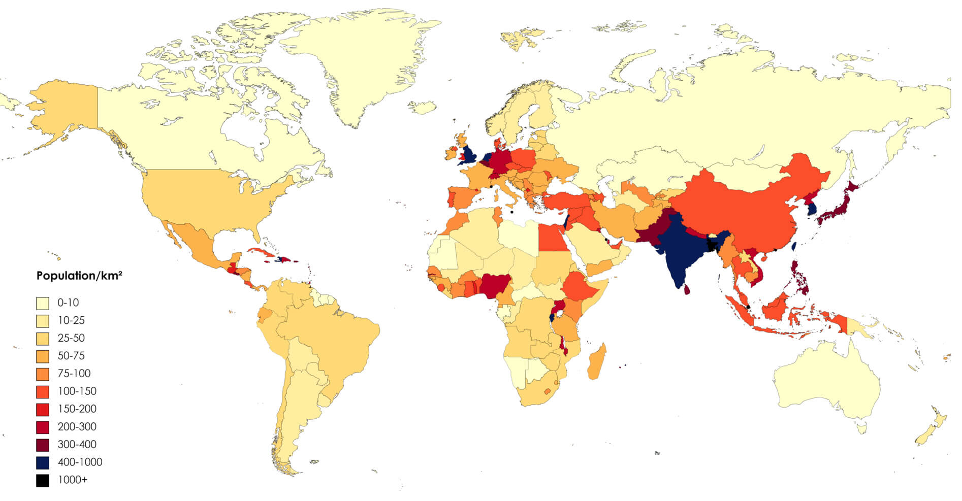 Global Population Density Map (2023) with the US