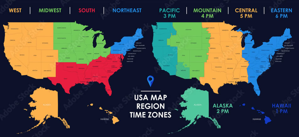 Pacific mountain central eastern time zones map in the US