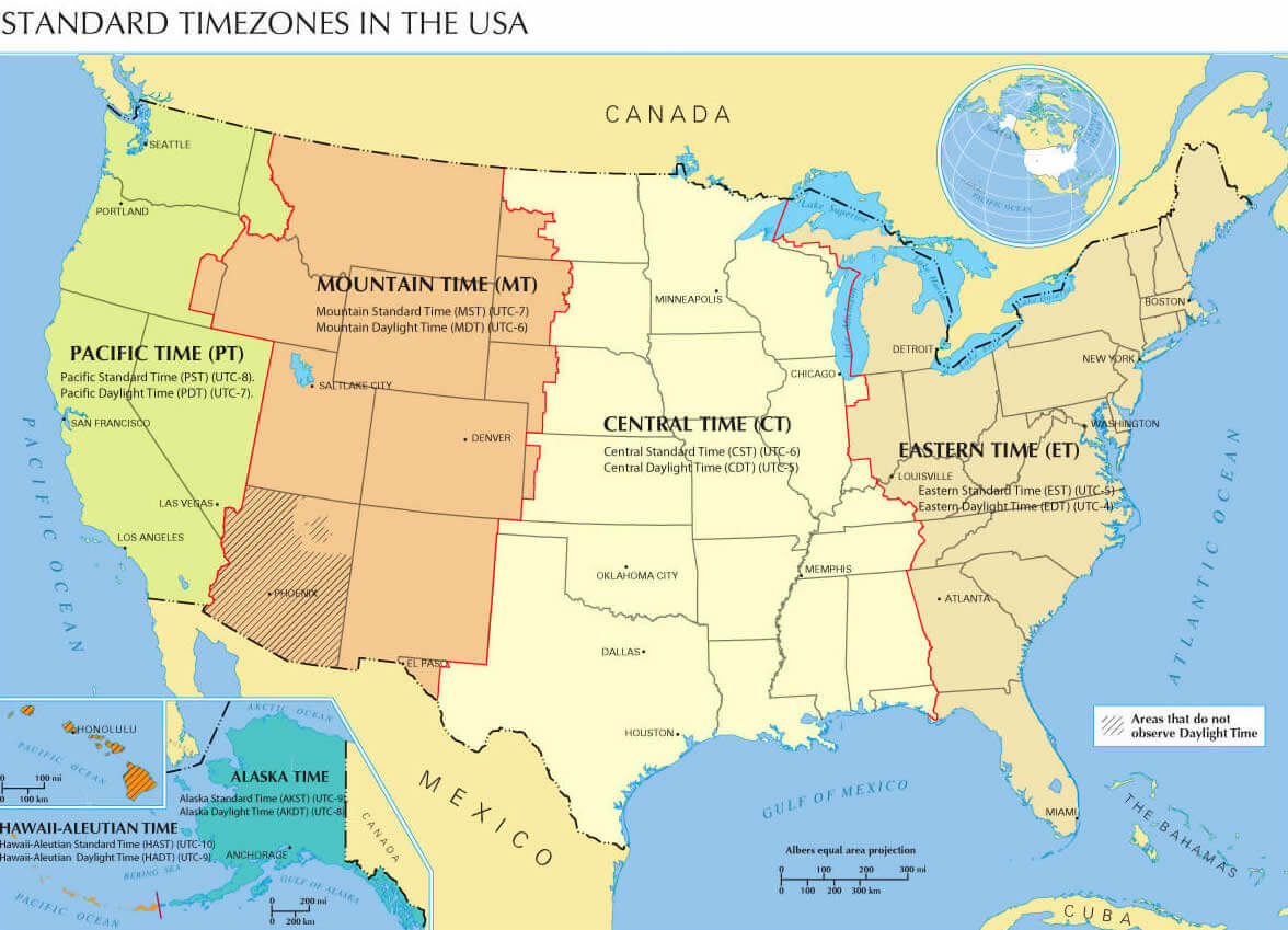 Standard time zones in the USA