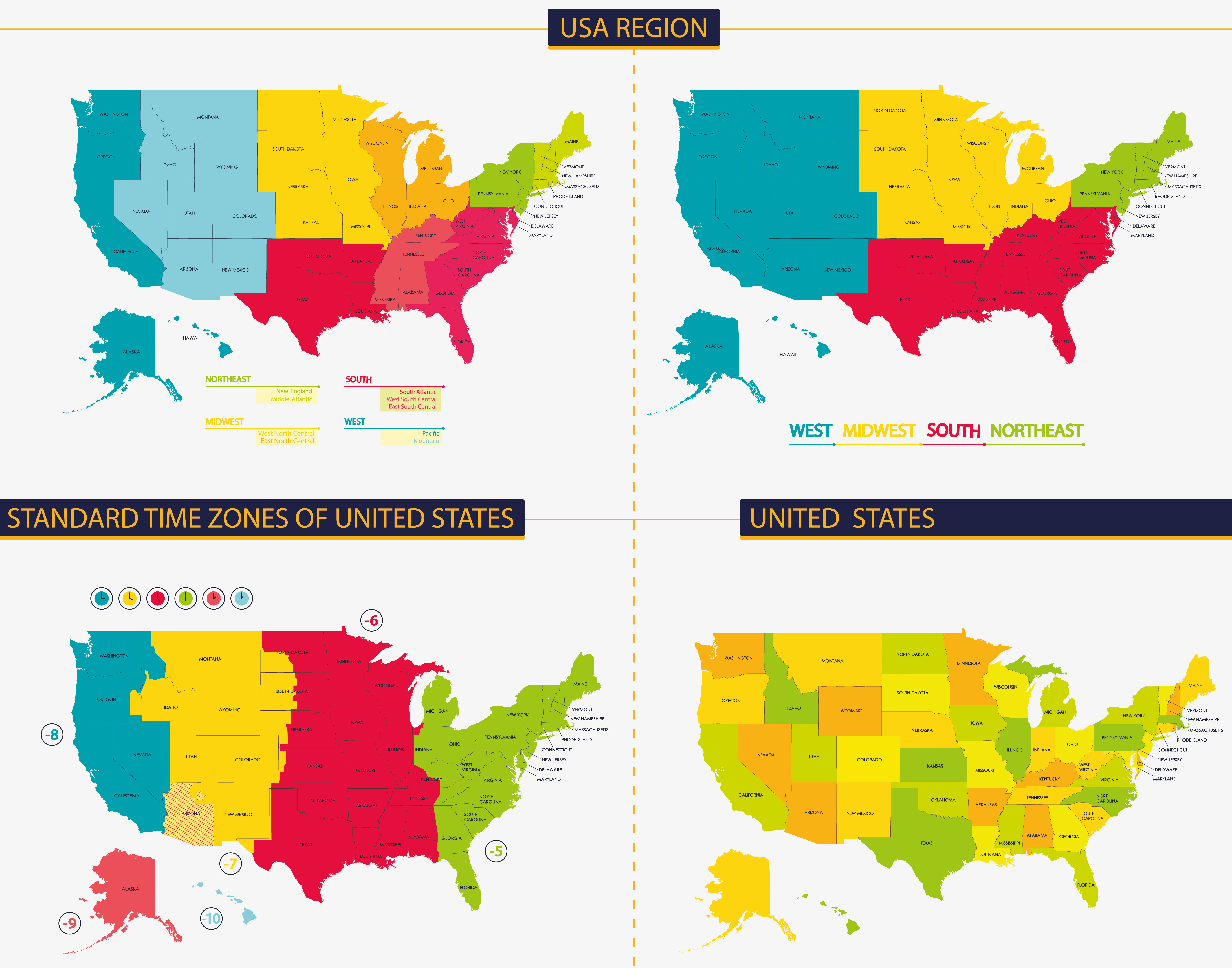Standard time zones map of the United States