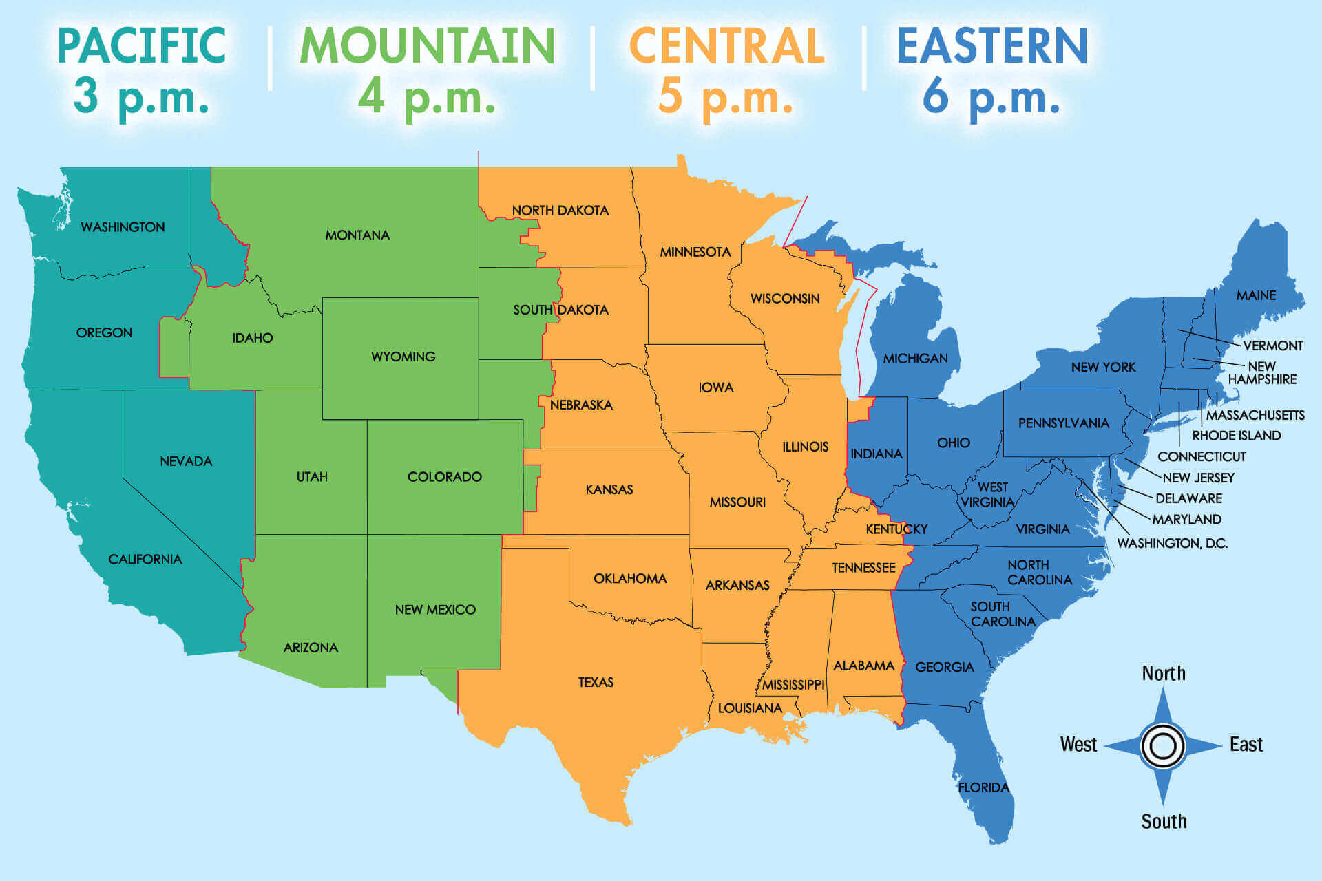 United States of america time zones map with states