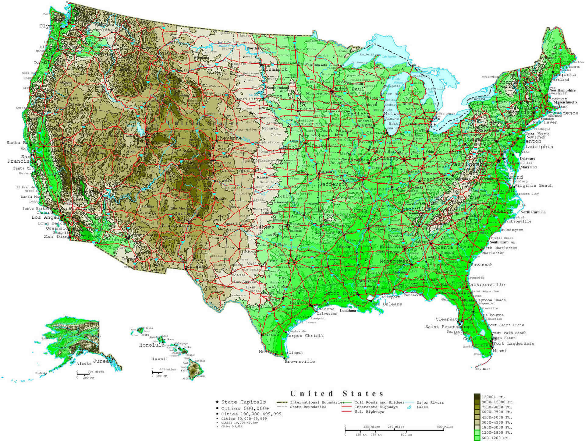 Topographic and Population Density Map of the United States 2024