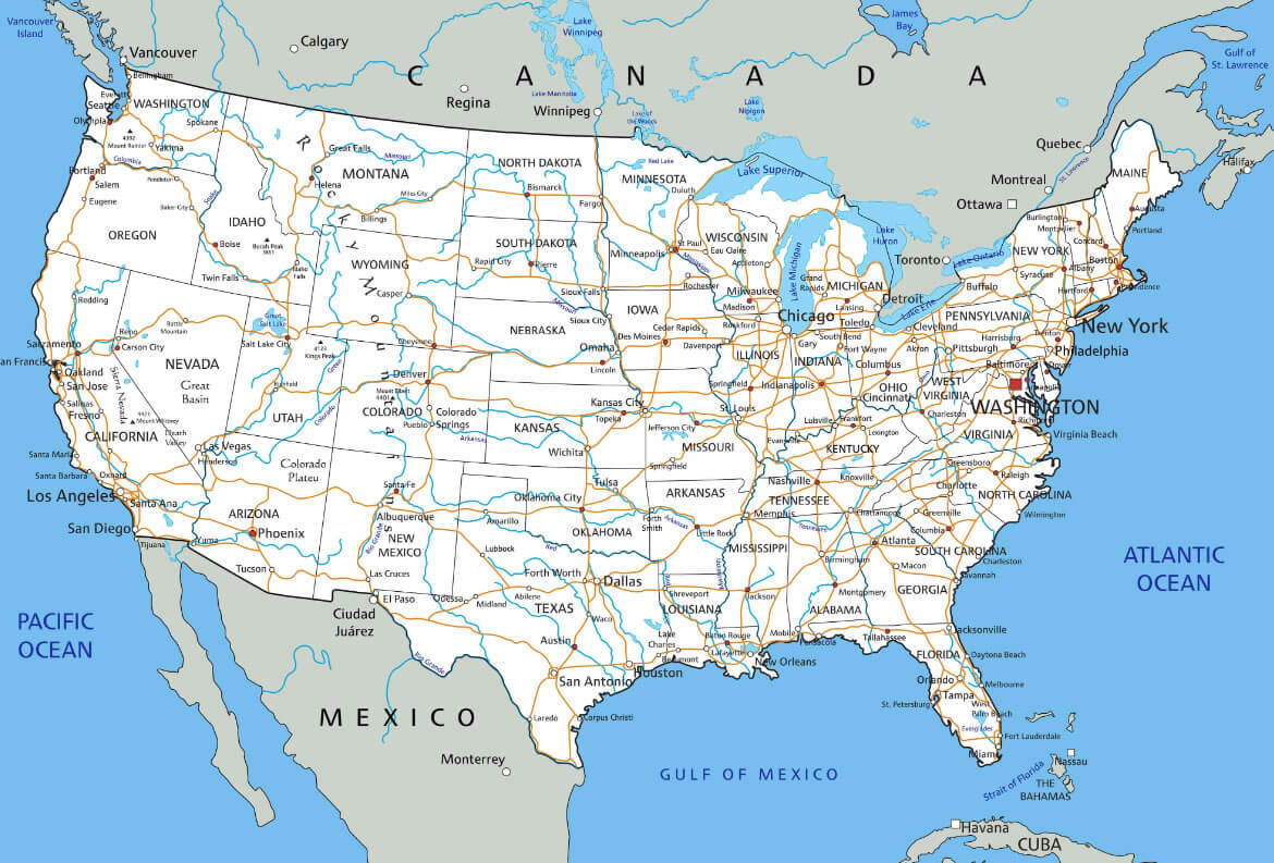 United States Of America Map Labeled - Us Cities Rivers Roads Map