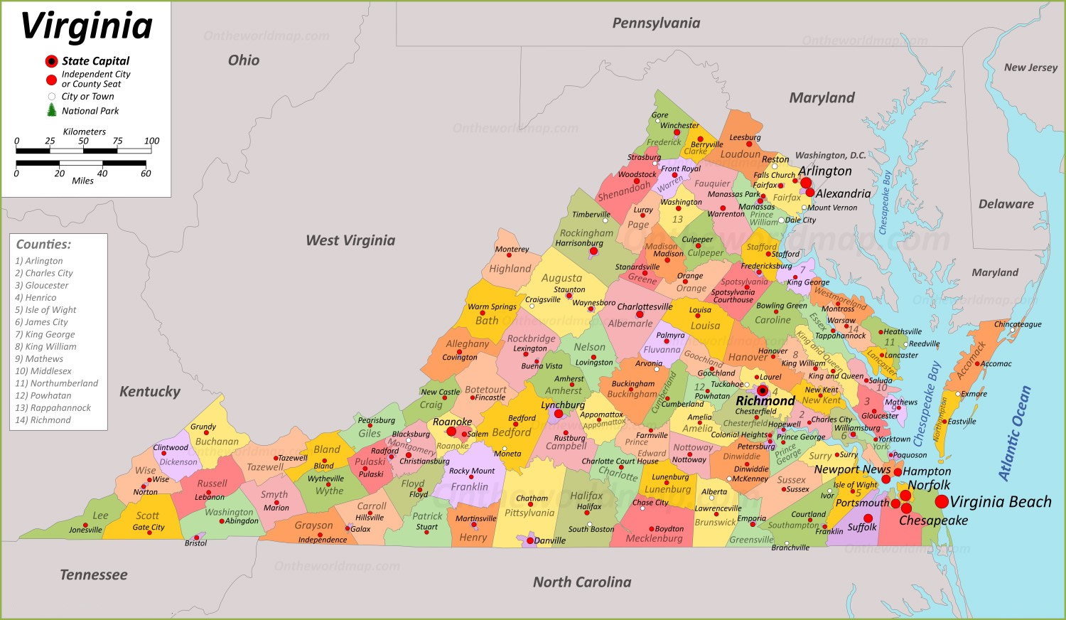 Cities map of Virginia