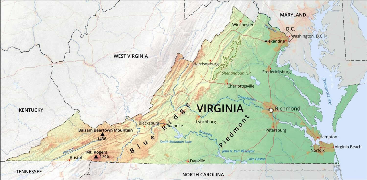 Virginia Cities Map 26 Cities physical map of Virginia