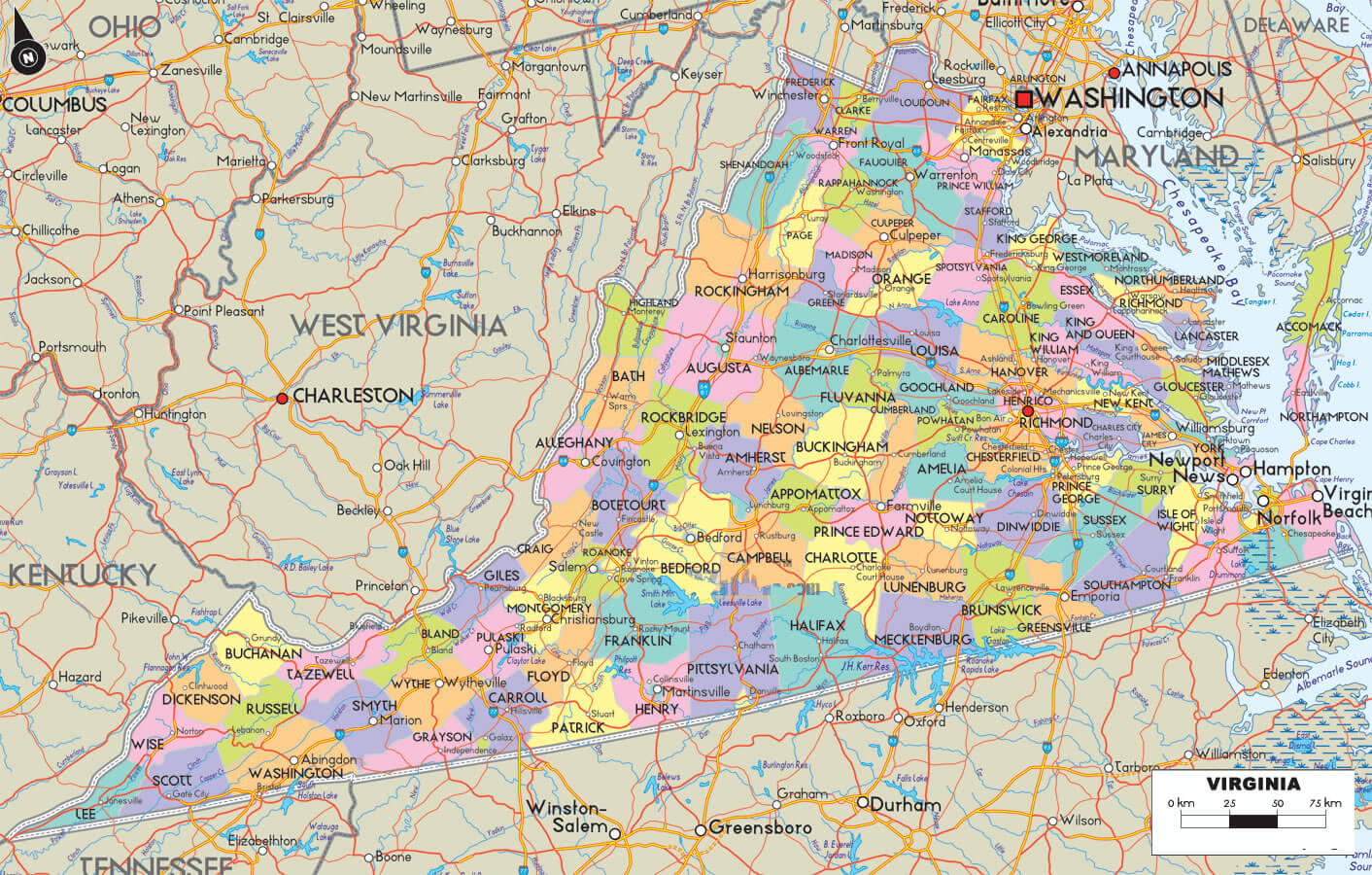 Detailed Virginia map with cities