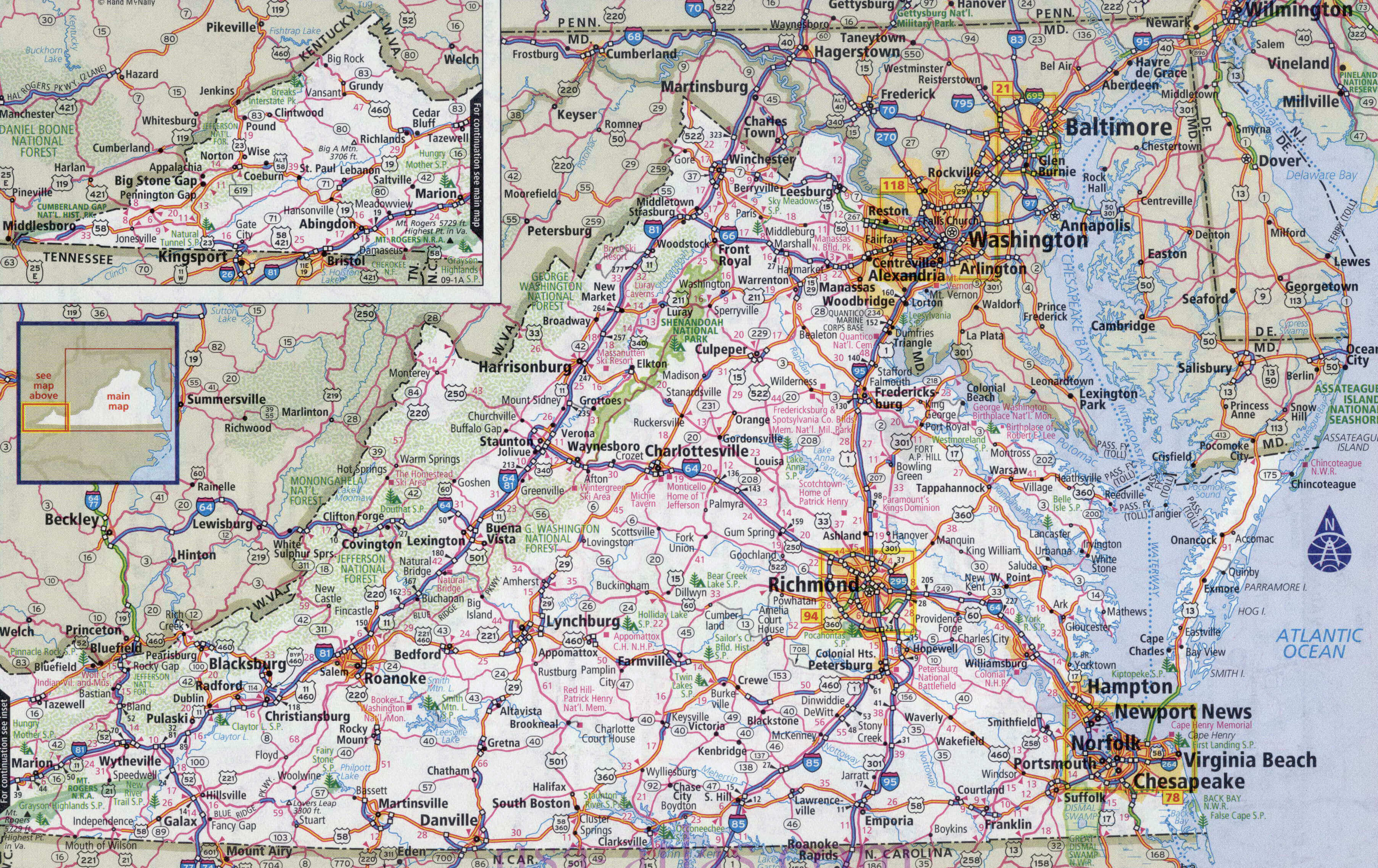 Large detailed roads and highways map of Virginia all cities