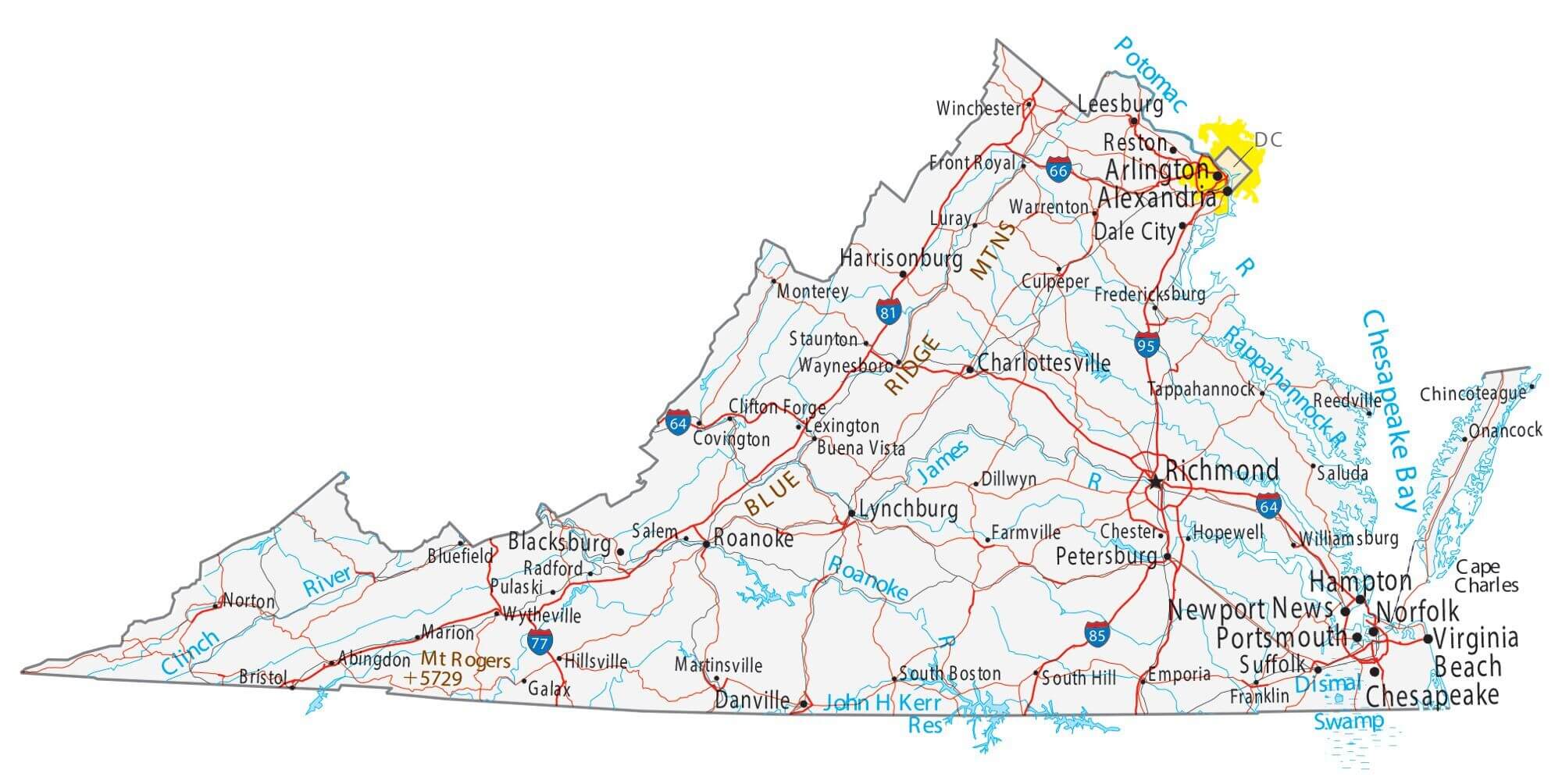 Map of Virginia with cities and roads
