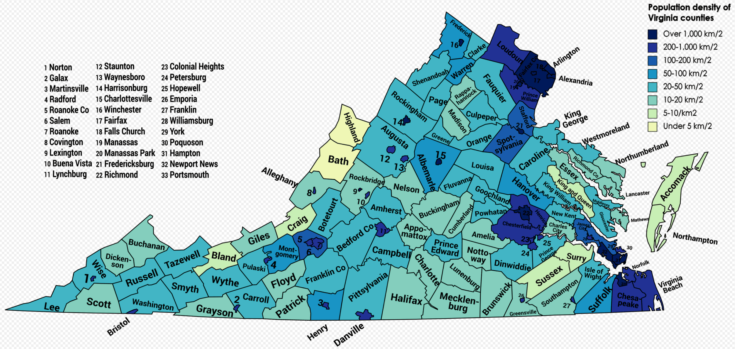 Population density of Virginia counties