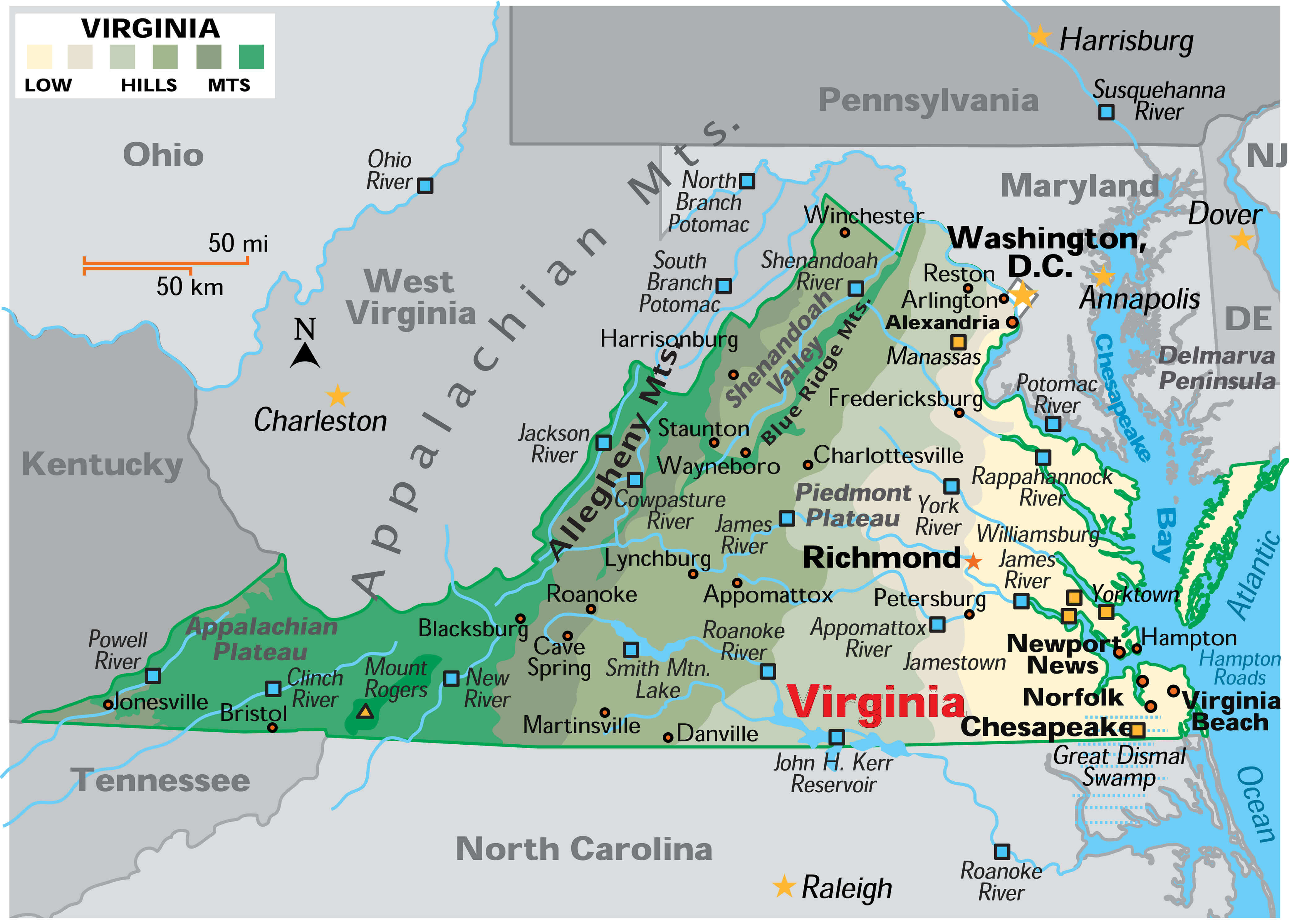 Virginia cities physical map