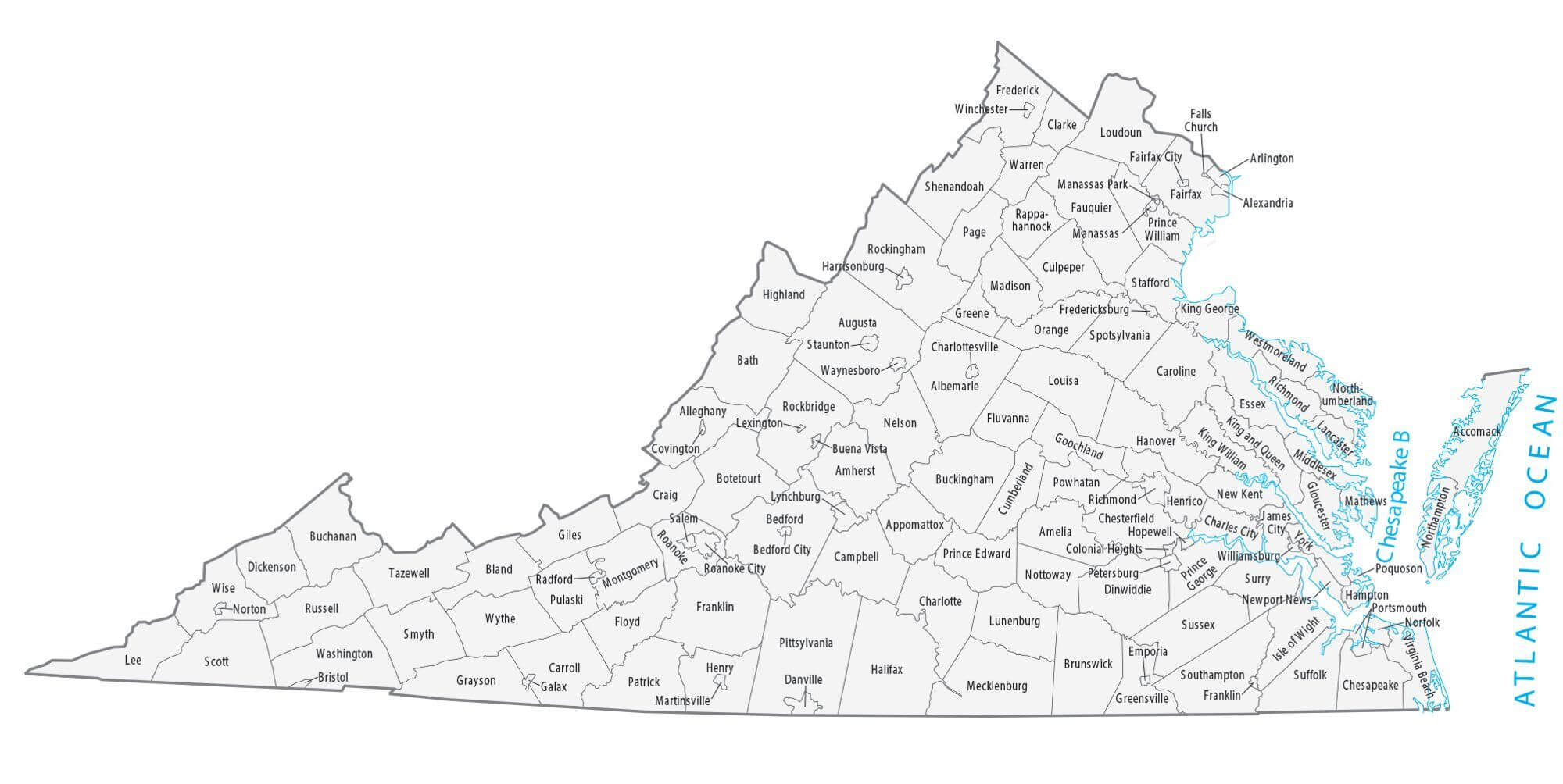 Virginia county map with cities