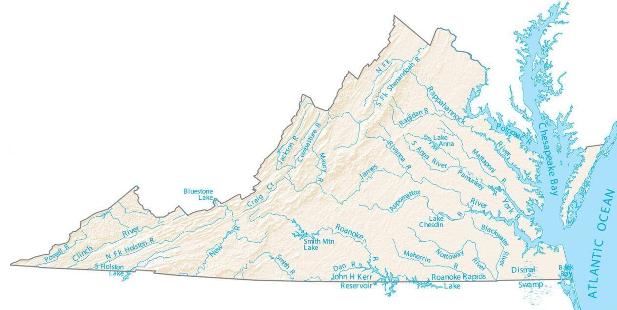 Virginia lakes rivers map with cities