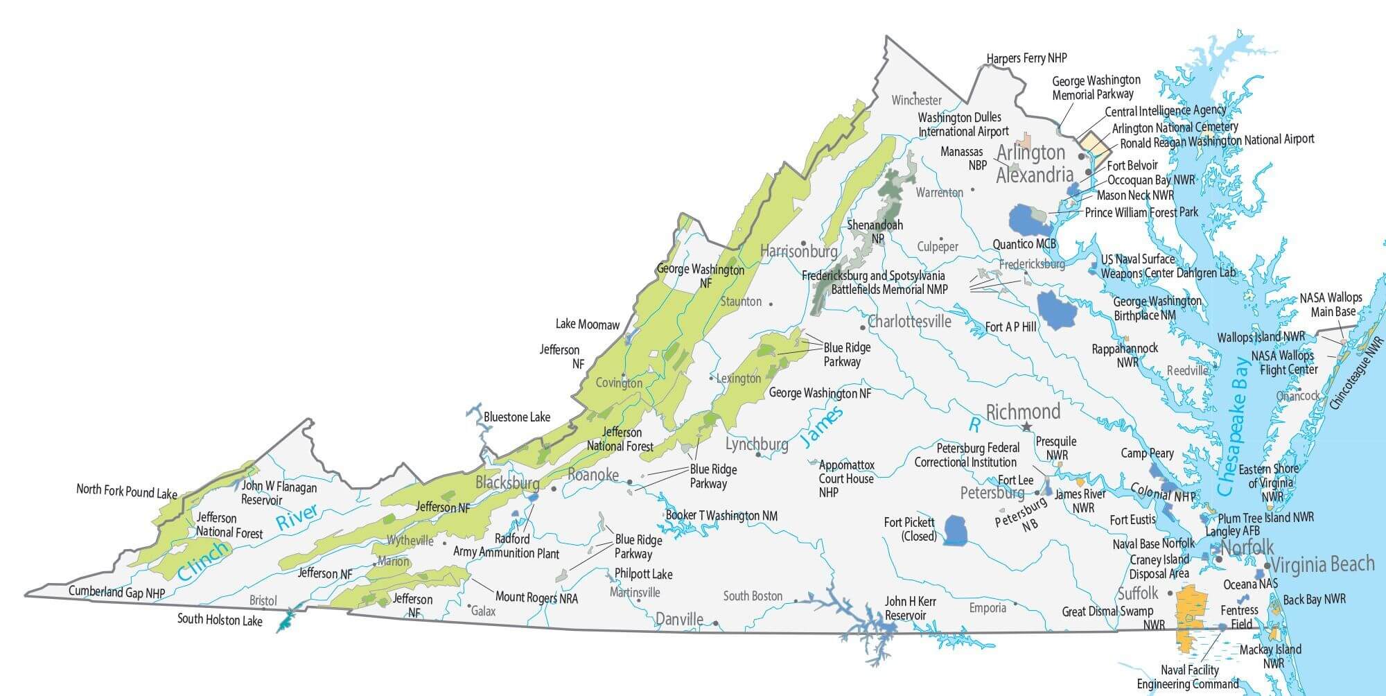 Virginia state map places and landmarks