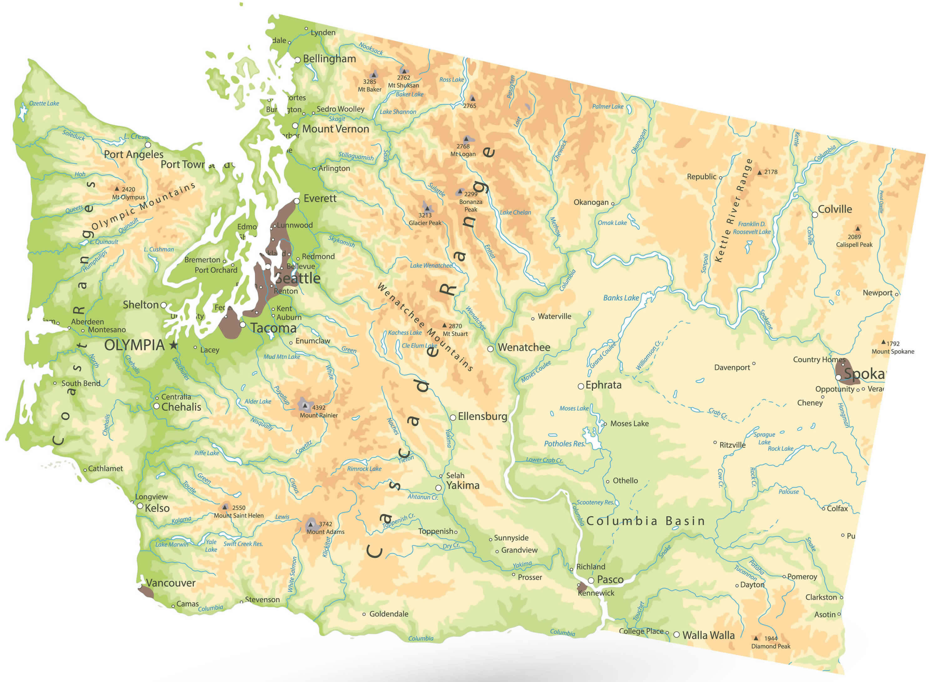 Cities physical map of Washington