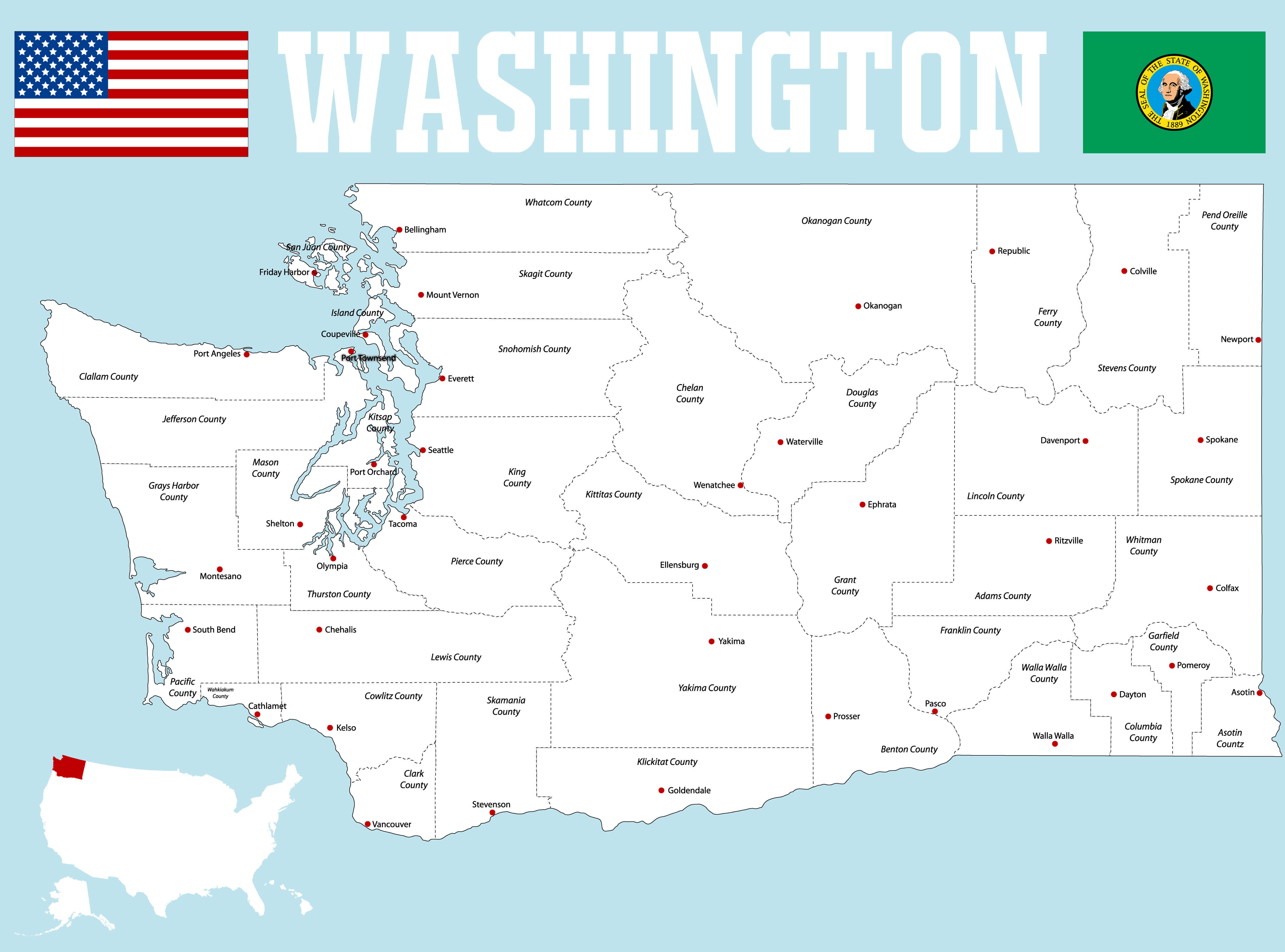 Detailed map of Washington with US flag