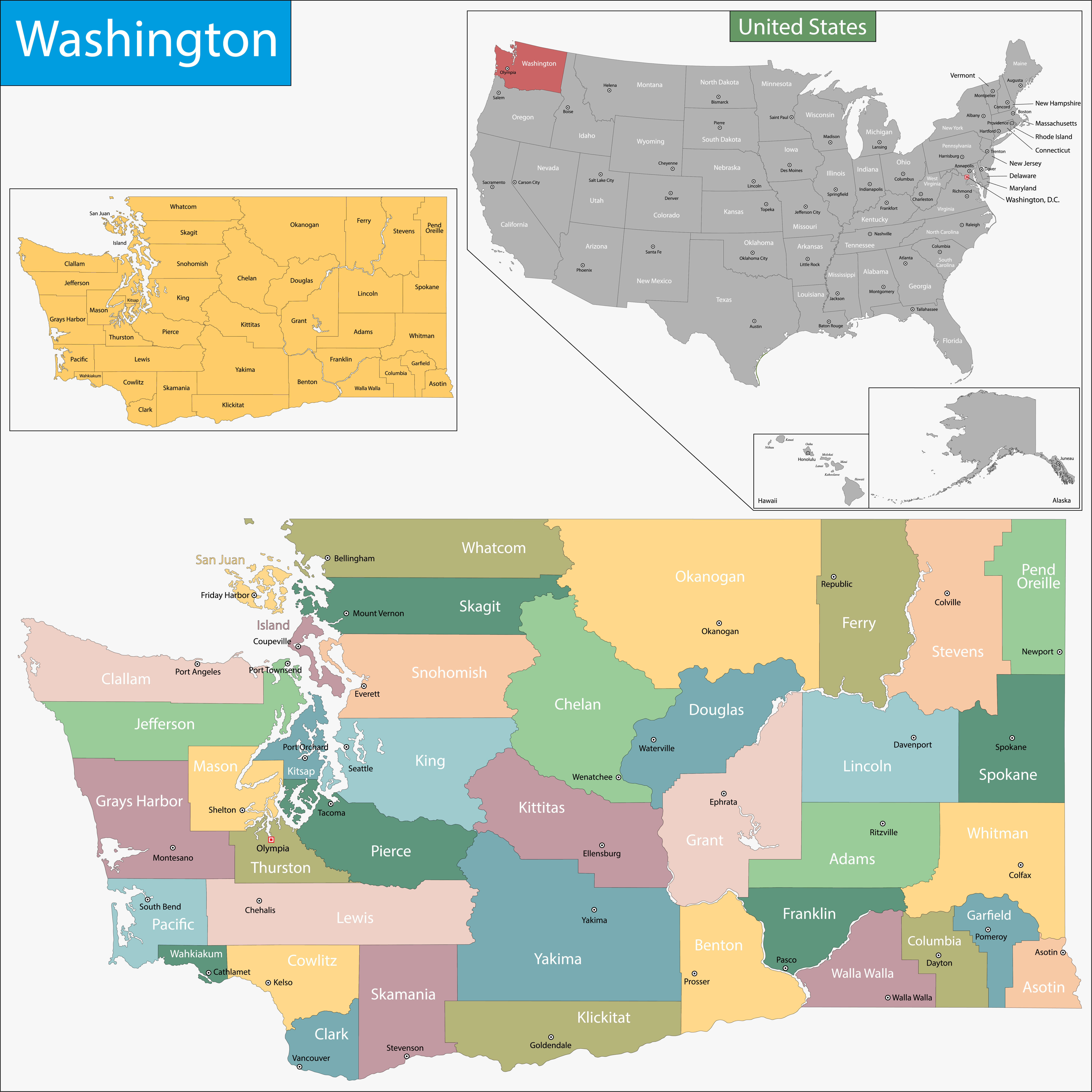 Washington cities and counties map in the US
