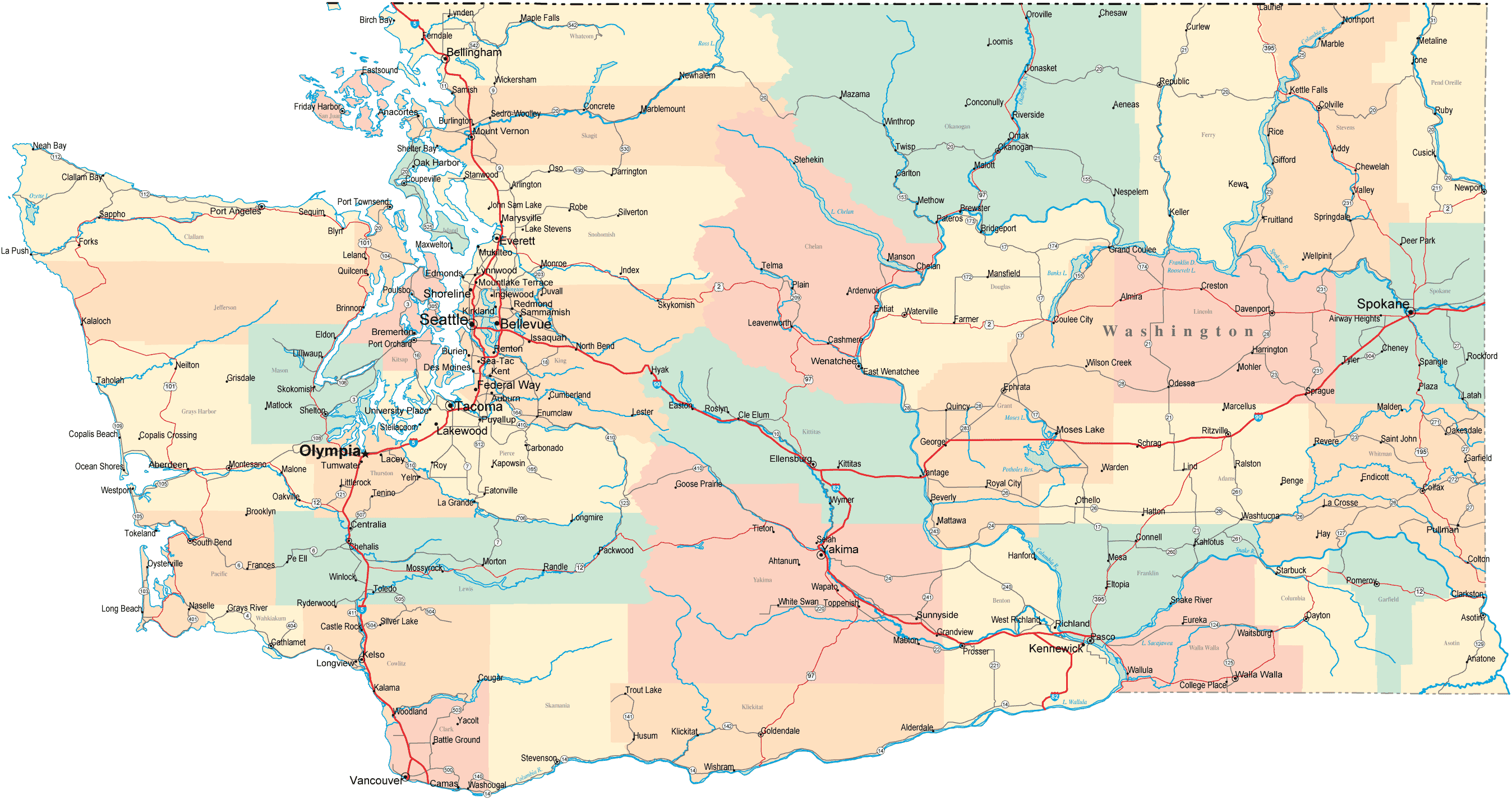 Washington cities and interstates map