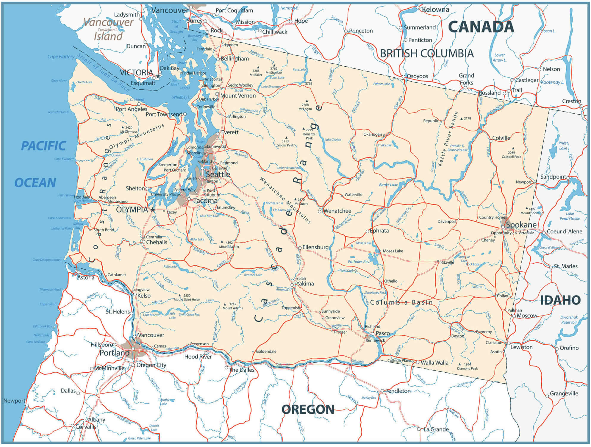 Washington cities road map with canada border