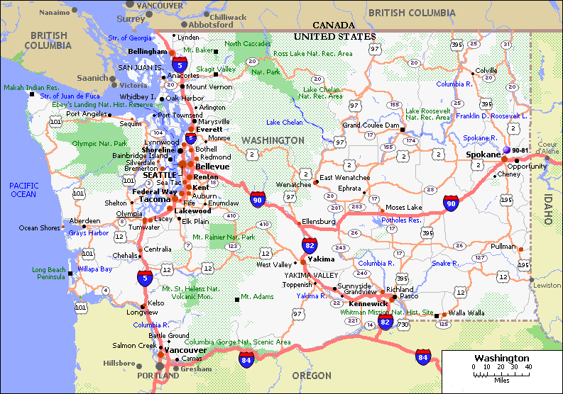 Washington interstate and cities highways map