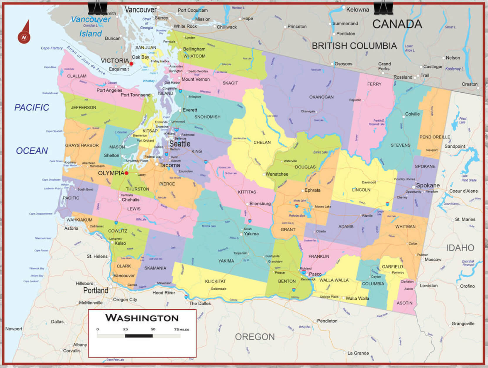 Washington state and counties political wall map