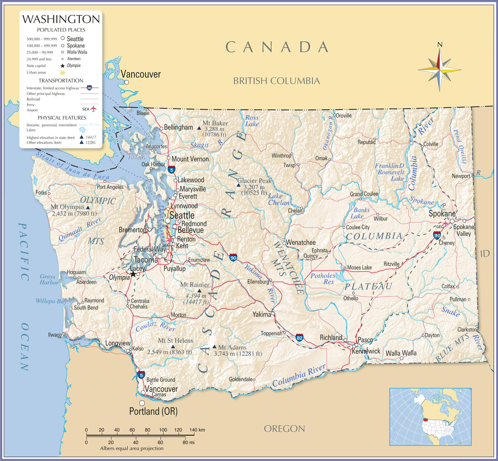 Washington state and main cities map