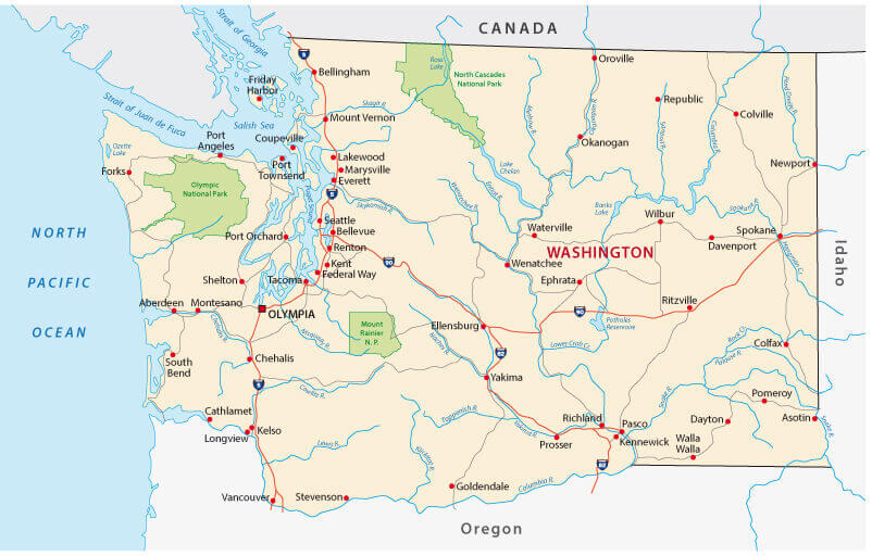 Washington state map with cities