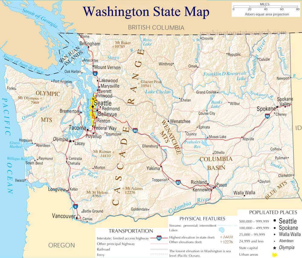 Washington state map with Seattle metro area