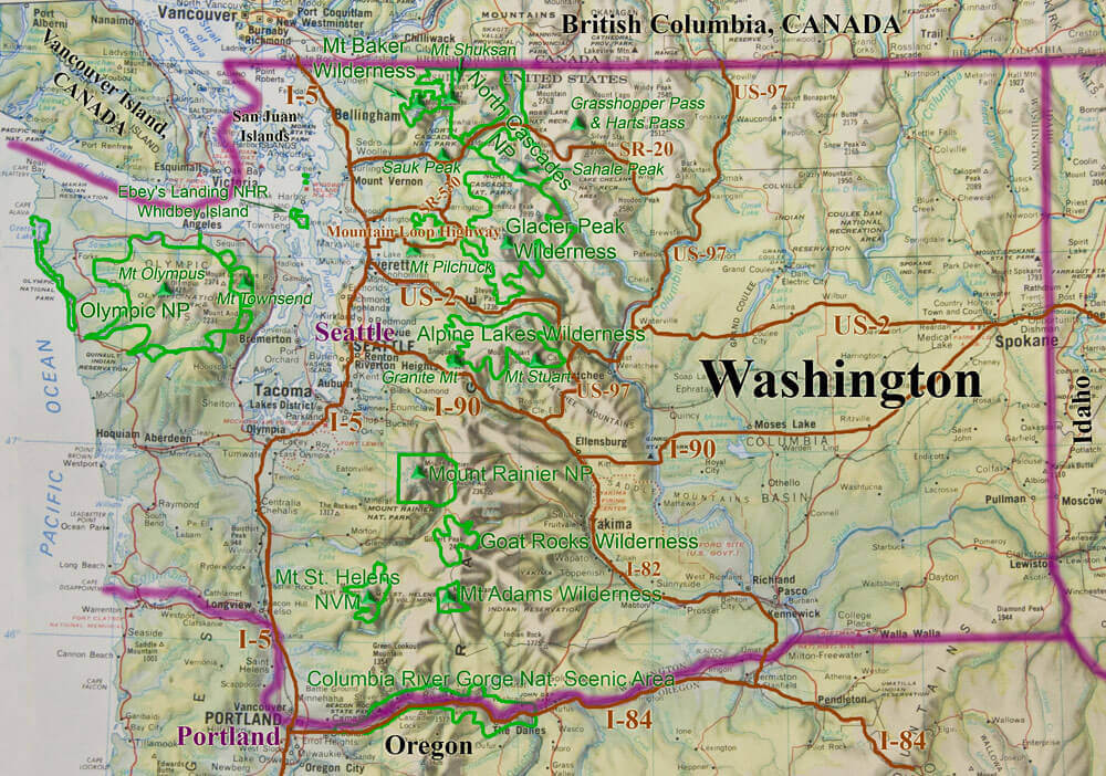 Washington state physical and road map
