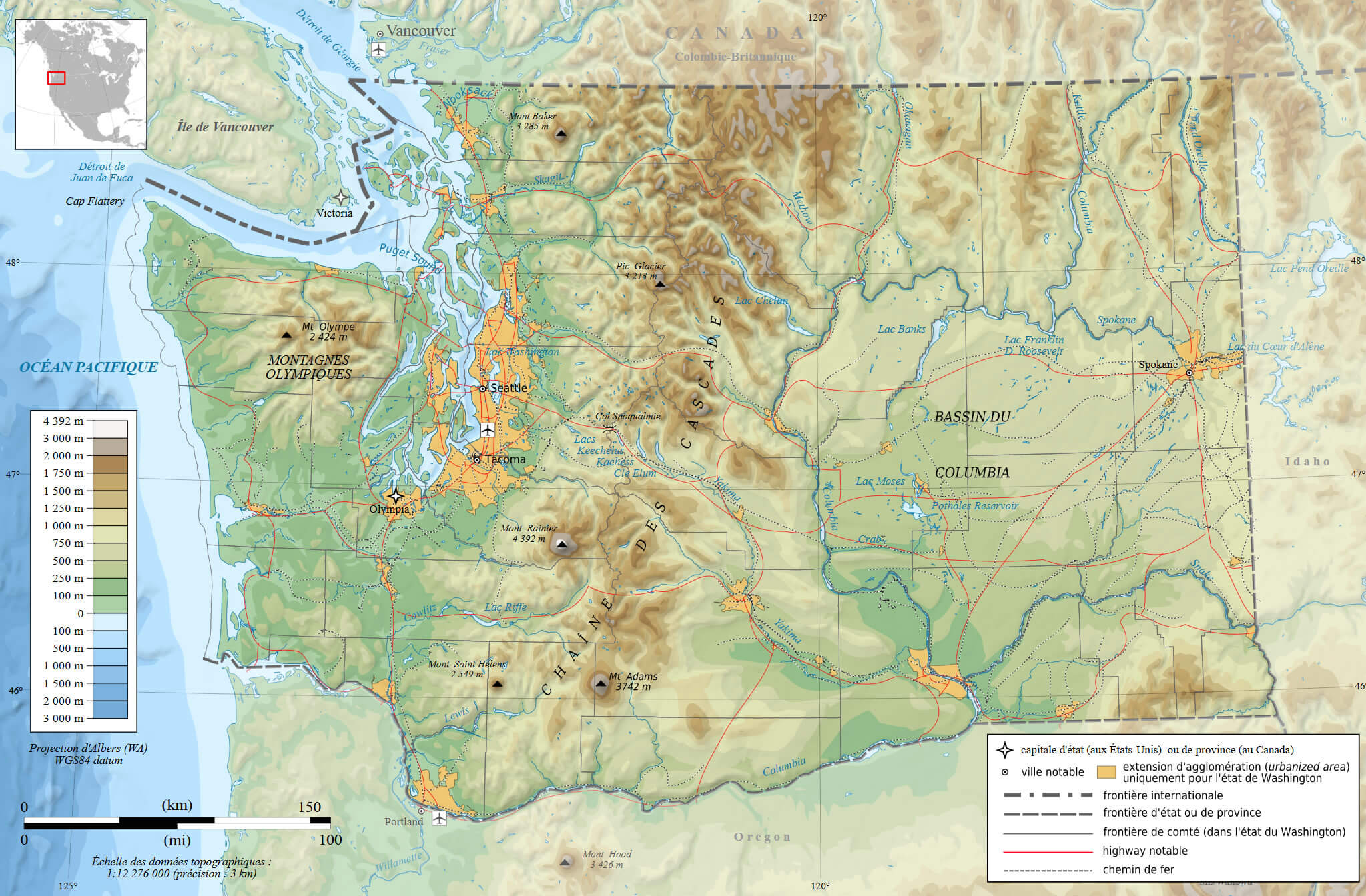 Washington state physical map largest cities in French